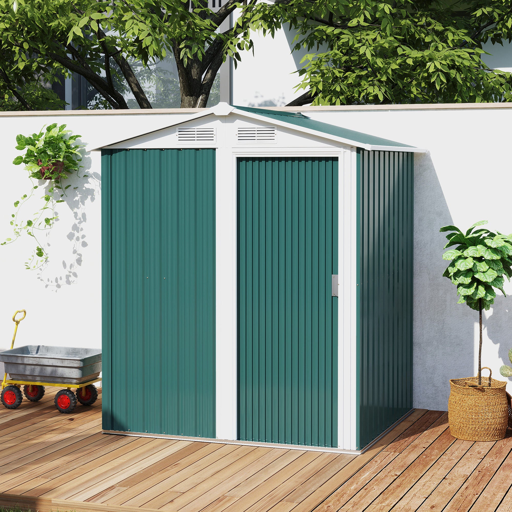 1.7m² Garden Shed in Galvanized Steel with 4 Air Vents, Tool Shed with Sloping Roof, Sliding Door, 152x132x188 cm, Green