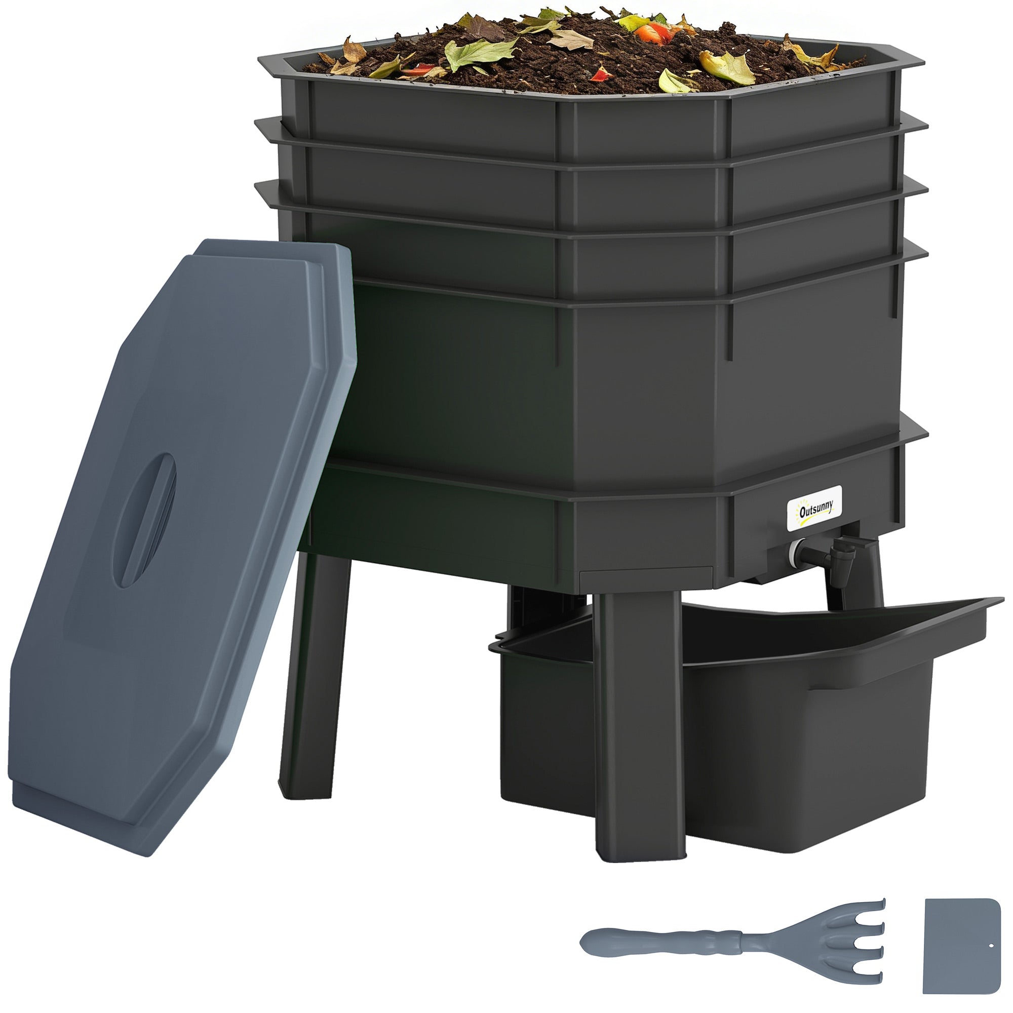 28 L (7.4 US gal) 4-Tier Worm Composter — Fast, Weather-Resistant Plastic Compost Bin for Kitchen, Balcony & Garden (39 x 39 x 51.5 cm)