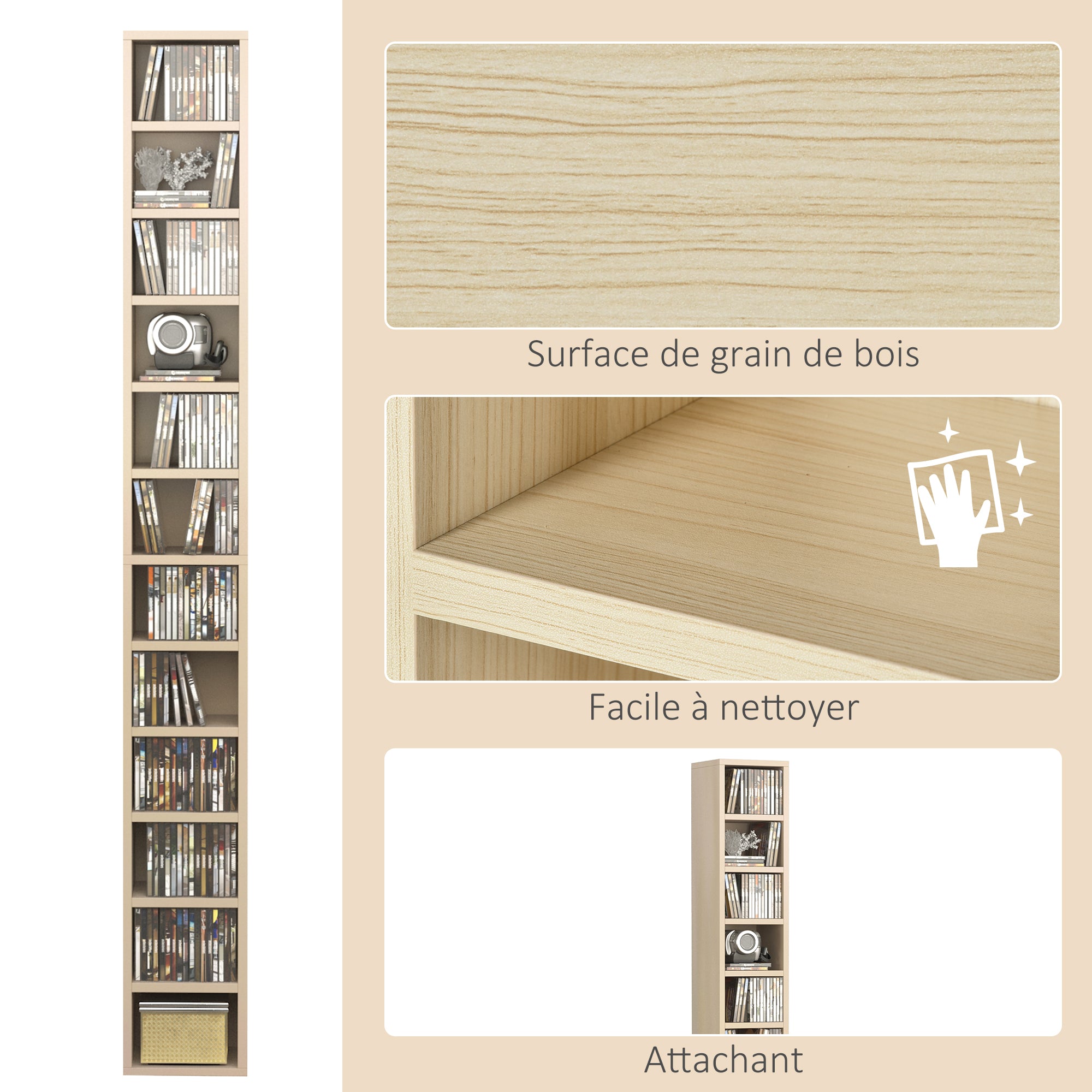 CD and DVD Storage, column storage shelf, storage unit with 12 compartments, max capacity 204 CD, 21 x 20 x 175 cm, natural wood