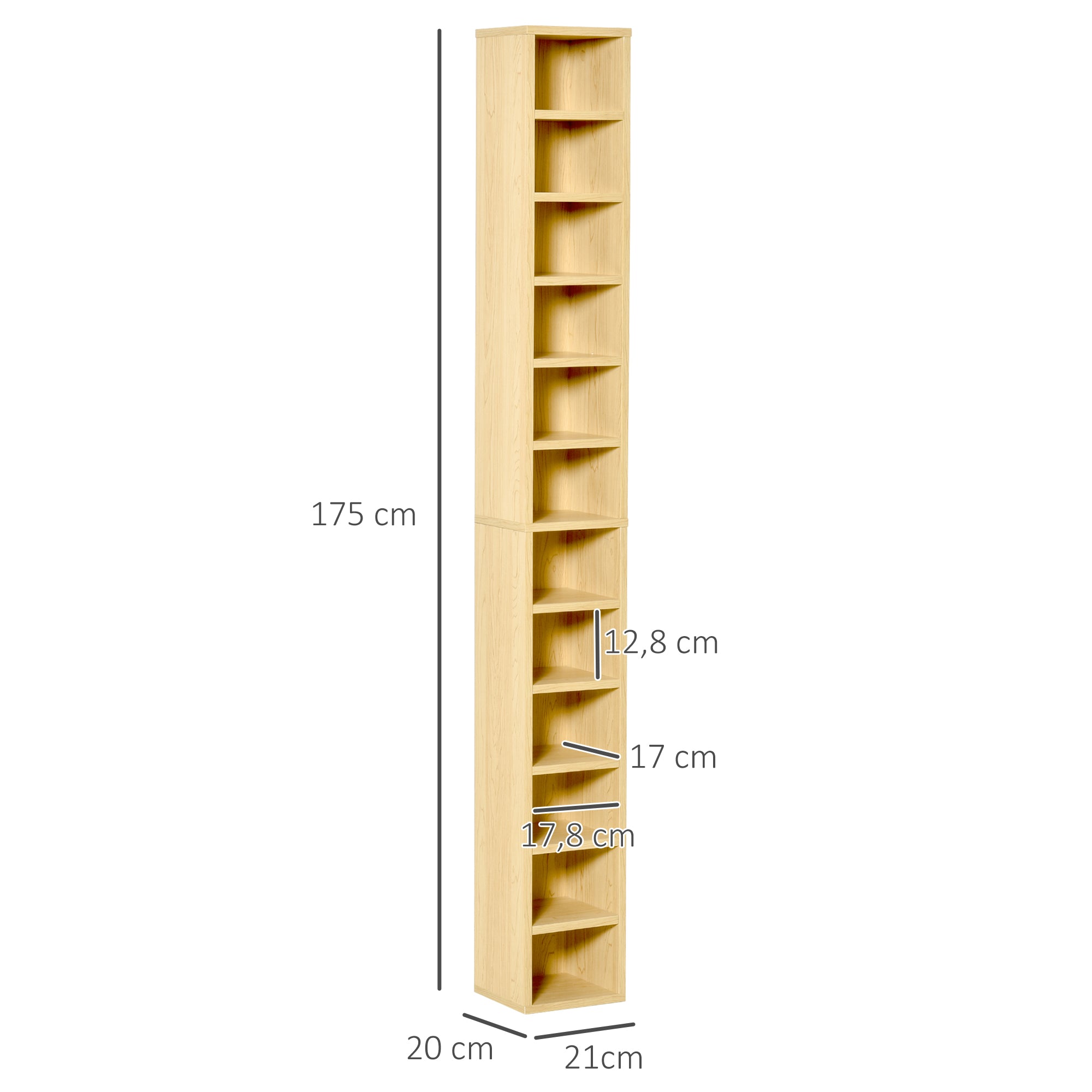 CD and DVD Storage, column storage shelf, storage unit with 12 compartments, max capacity 204 CD, 21 x 20 x 175 cm, natural wood