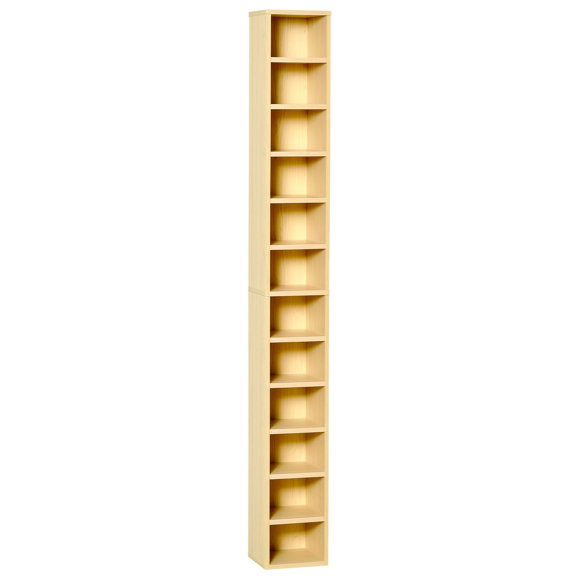 CD and DVD Storage, column storage shelf, storage unit with 12 compartments, max capacity 204 CD, 21 x 20 x 175 cm, natural wood