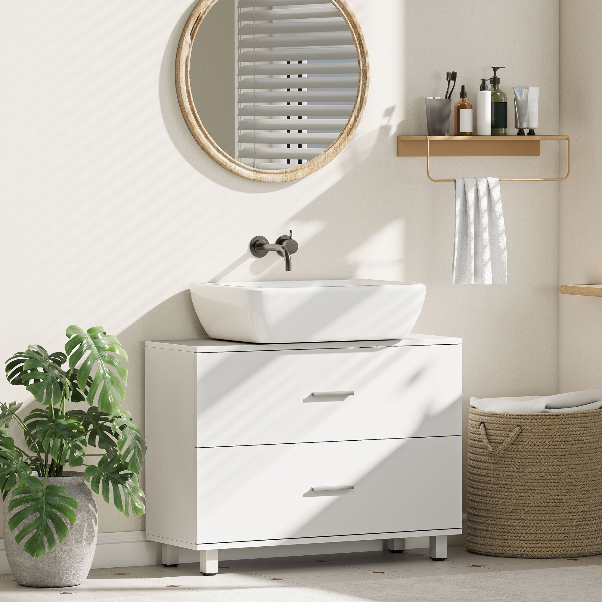 Under-Sink Vanity Cabinet with 2 Drawers, Modern White, for Sinks without Pedestal — 80 x 30 x 60 cm (31.5" x 11.8" x 23.6")