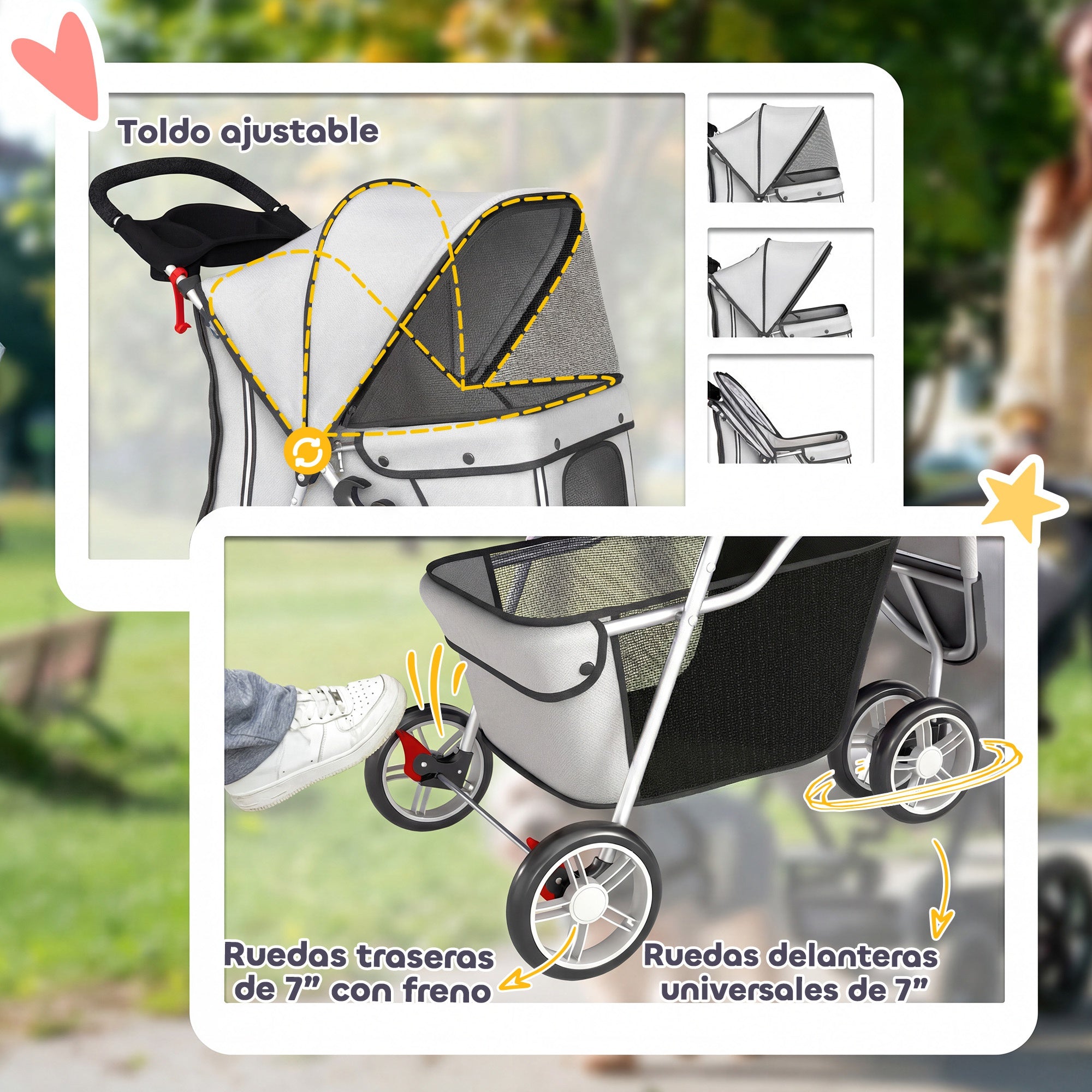 Foldable Pet Stroller, up to 22 lb, 3-Wheel Small Dog & Cat Stroller with Adjustable Canopy, Mesh Windows, Cup Holder, EVA Wheels & Brakes — Light Gray