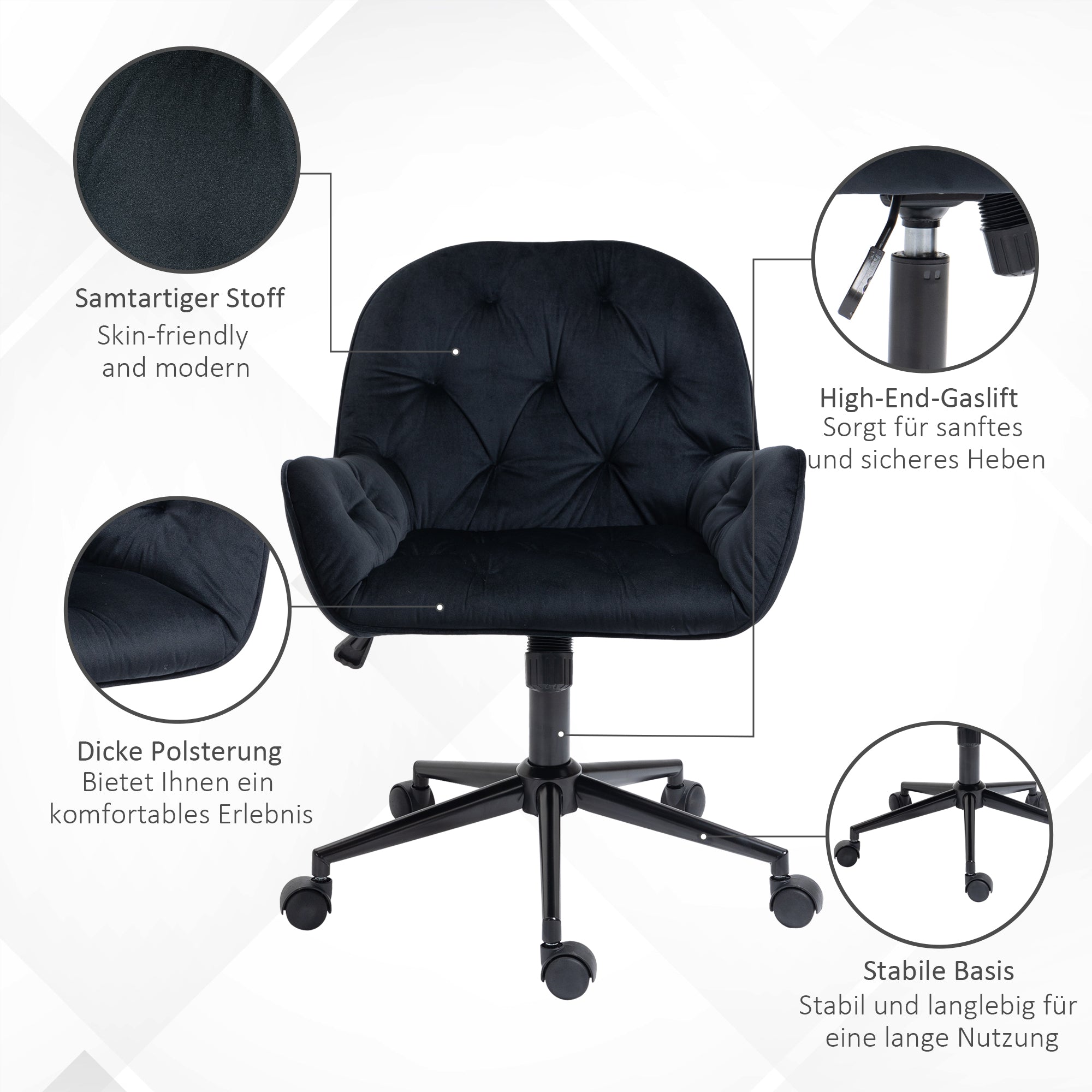 Office Chair Swivel Chair Office Chair Height-adjustable Executive Chair Chair Desk Chair Chair Office Velvet Polyester Black 60 x 61 x 81-91 cm