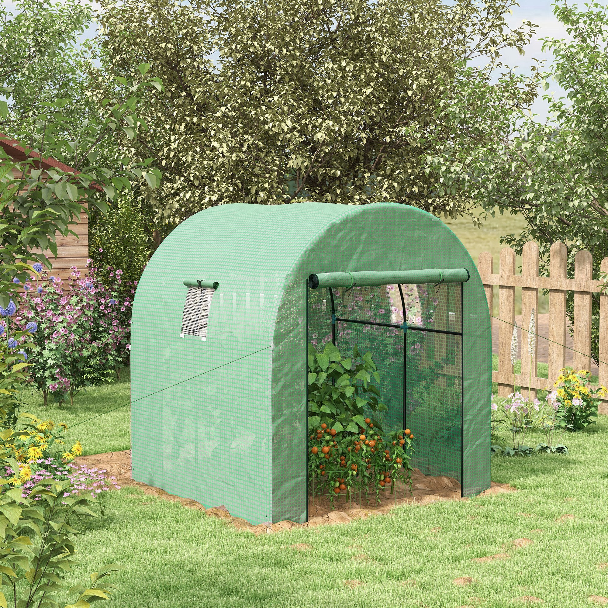 Tunnel Greenhouse for Garden 1.8x1.8x2m, UV Resistant Greenhouse with 2 Roll-Up Doors and Windows, in Steel and PE, Green