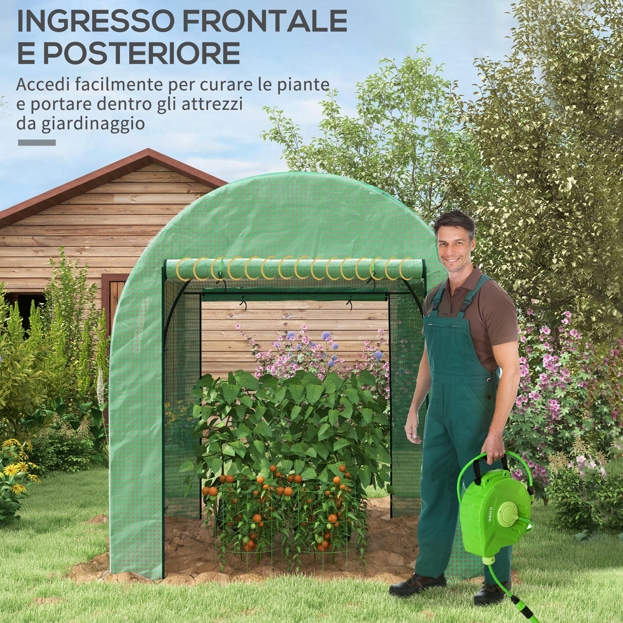 Tunnel Greenhouse for Garden 1.8x1.8x2m, UV Resistant Greenhouse with 2 Roll-Up Doors and Windows, in Steel and PE, Green