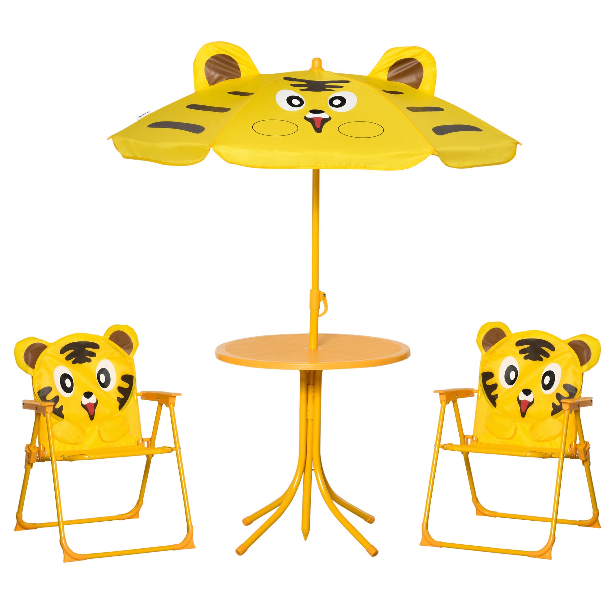 Children's Garden Lounge Set 4 pcs Tiger Design - Round Table + 2 Folding Chairs + Parasol - Epoxy Metal Oxford Yellow