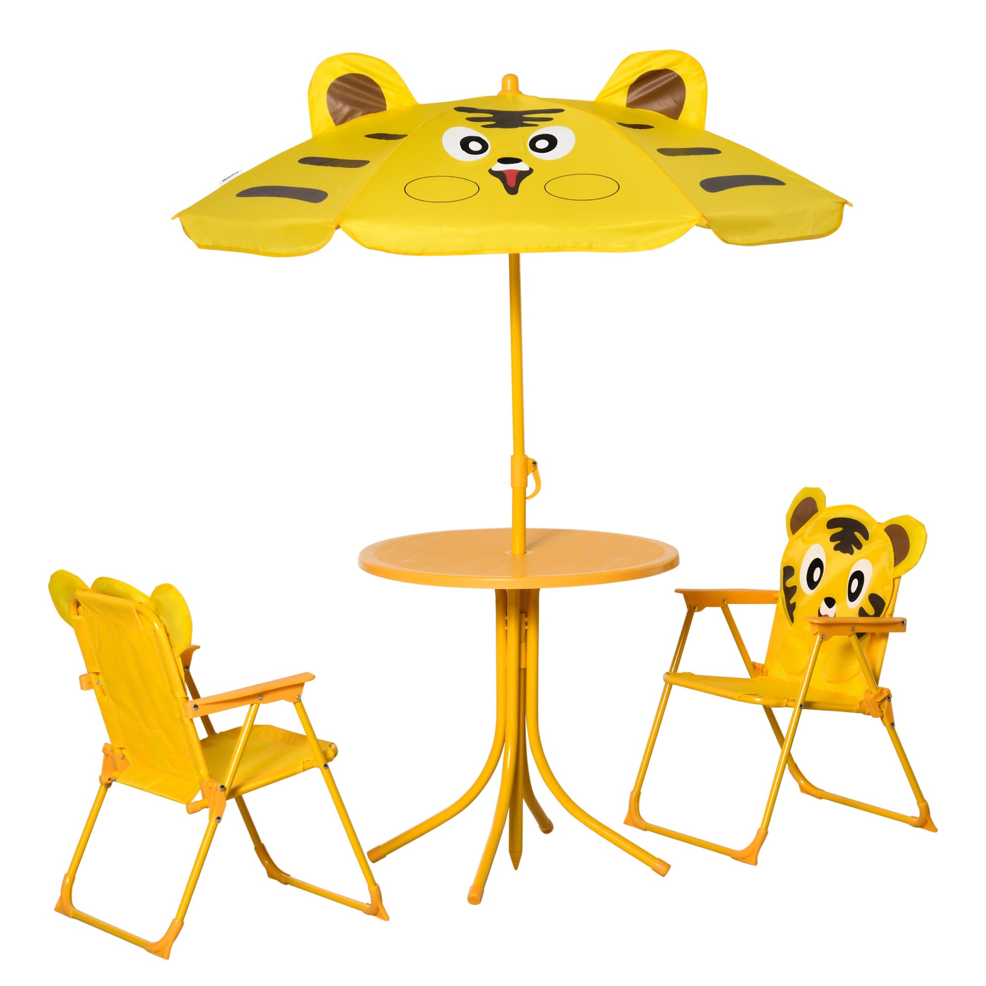 Children's Garden Lounge Set 4 pcs Tiger Design - Round Table + 2 Folding Chairs + Parasol - Epoxy Metal Oxford Yellow