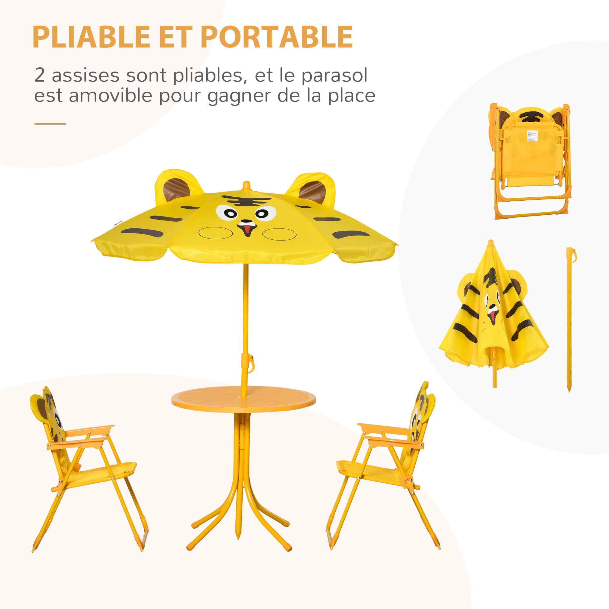 Children's Garden Lounge Set 4 pcs Tiger Design - Round Table + 2 Folding Chairs + Parasol - Epoxy Metal Oxford Yellow