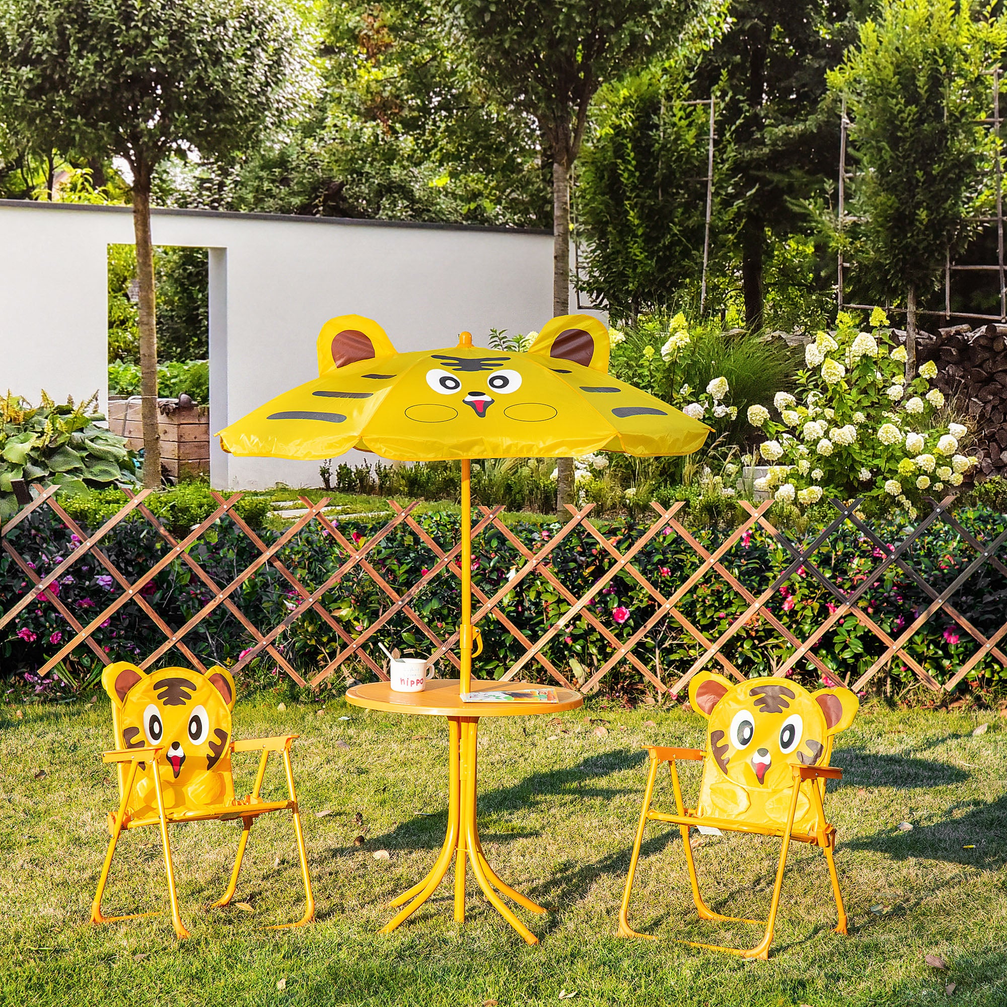 Children's Garden Lounge Set 4 pcs Tiger Design - Round Table + 2 Folding Chairs + Parasol - Epoxy Metal Oxford Yellow
