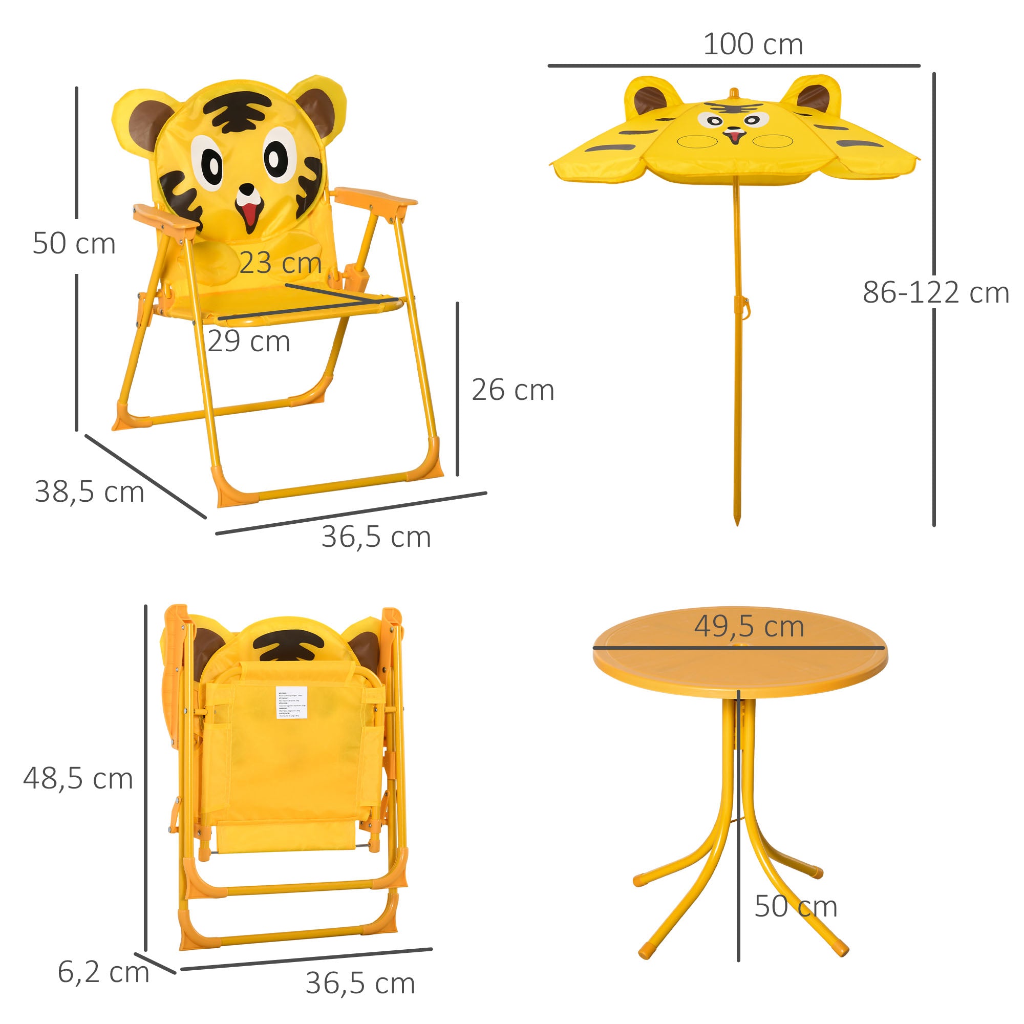 Children's Garden Lounge Set 4 pcs Tiger Design - Round Table + 2 Folding Chairs + Parasol - Epoxy Metal Oxford Yellow