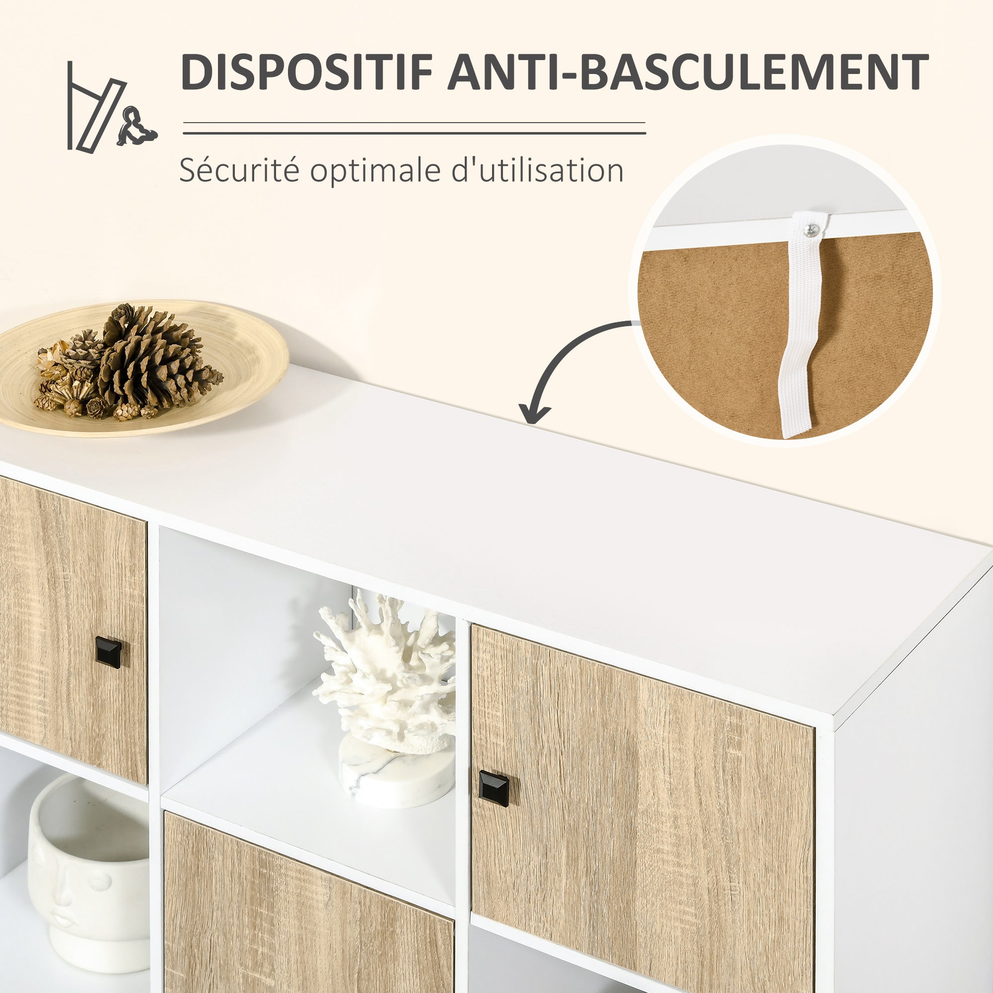 Buffet Storage Shelf Unit with 6 Cubes for Living Room, Dining Room, Bedroom 96L x 30W x 75H cm White and Oak