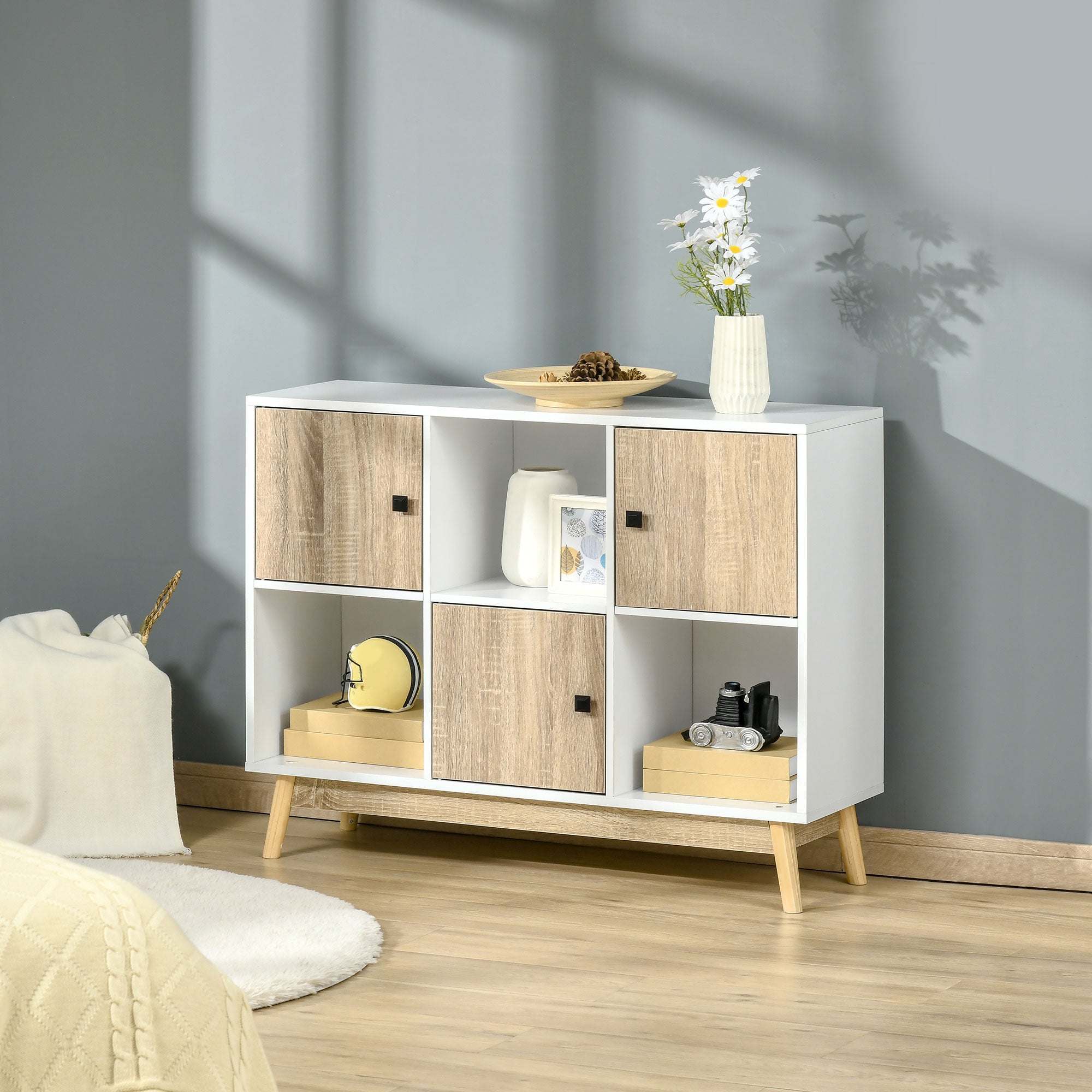 Buffet Storage Shelf Unit with 6 Cubes for Living Room, Dining Room, Bedroom 96L x 30W x 75H cm White and Oak