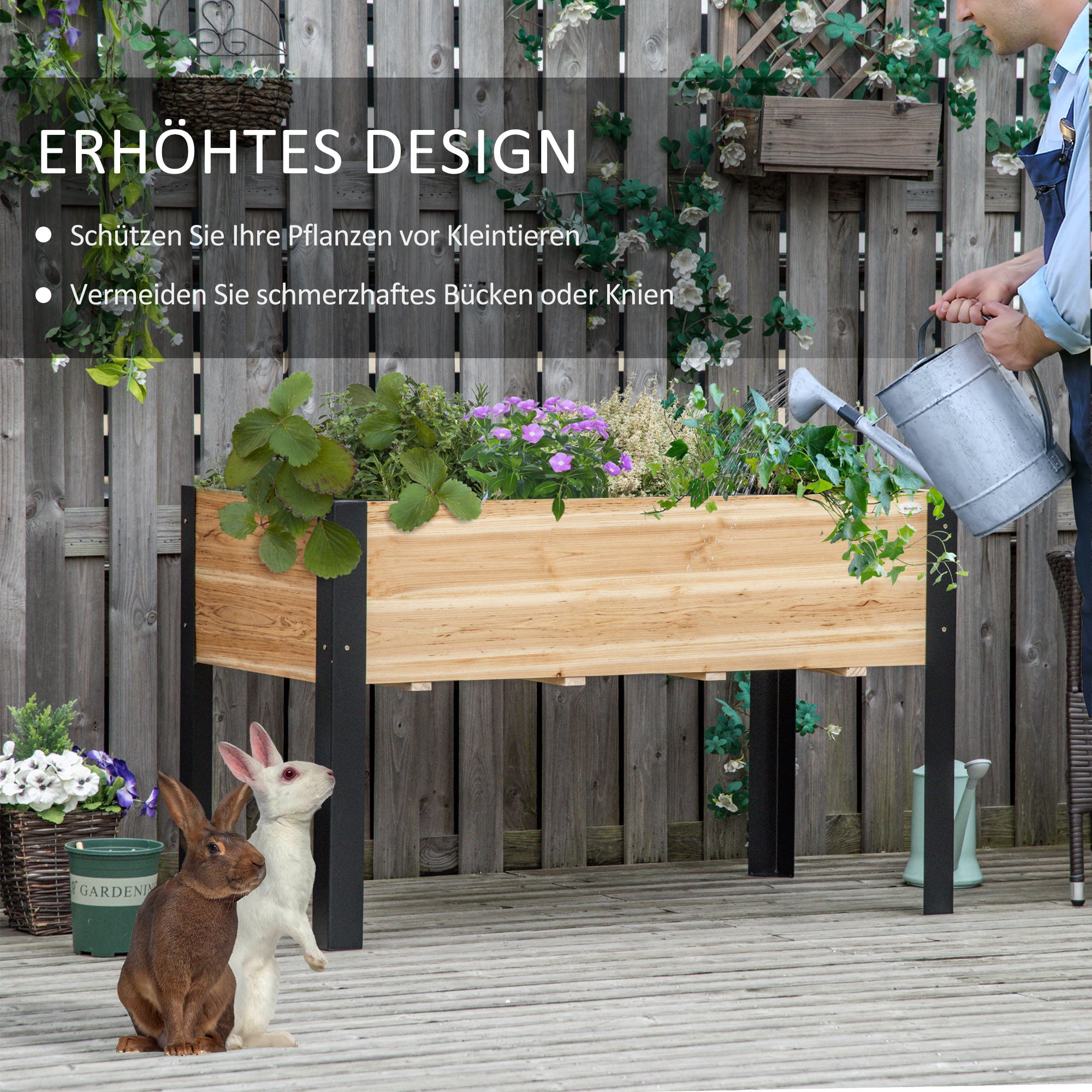 Raised Garden Bed Planter Box Flower Pot Herb Bed with Non-Woven Fabric Solid Wood Steel Natural + Black 120 x 60 x 74 cm