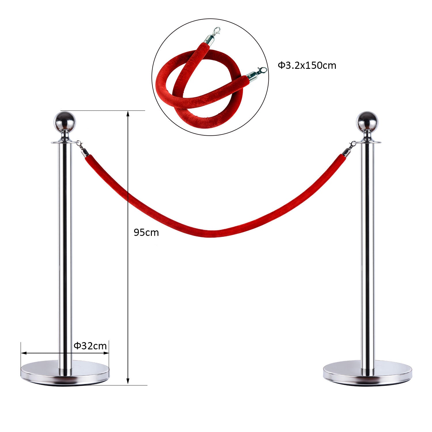 Queue Barrier Queue Separation Posts with Red Velvet Ropes Stainless Steel Φ32 x 95CM Silver