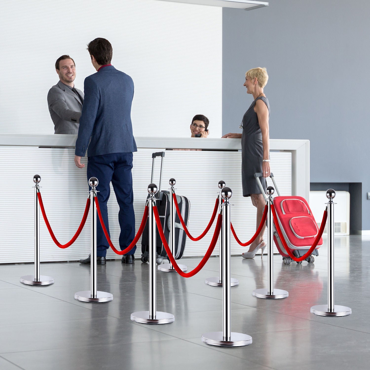 Queue Barrier Queue Separation Posts with Red Velvet Ropes Stainless Steel Φ32 x 95CM Silver