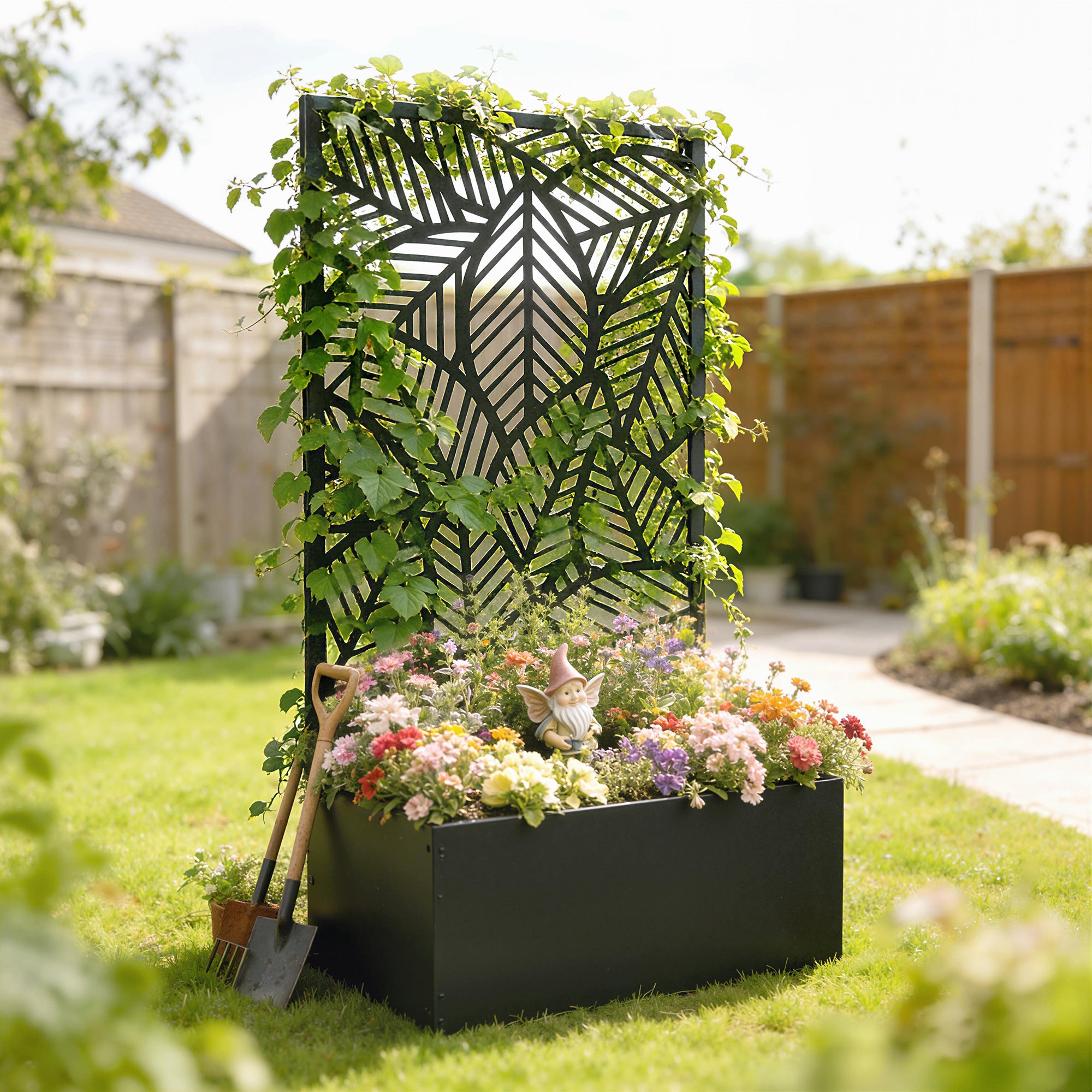 Metal Raised Planter with Trellis — Freestanding or Wall-Mount, Privacy Panel with Leaf Cutouts