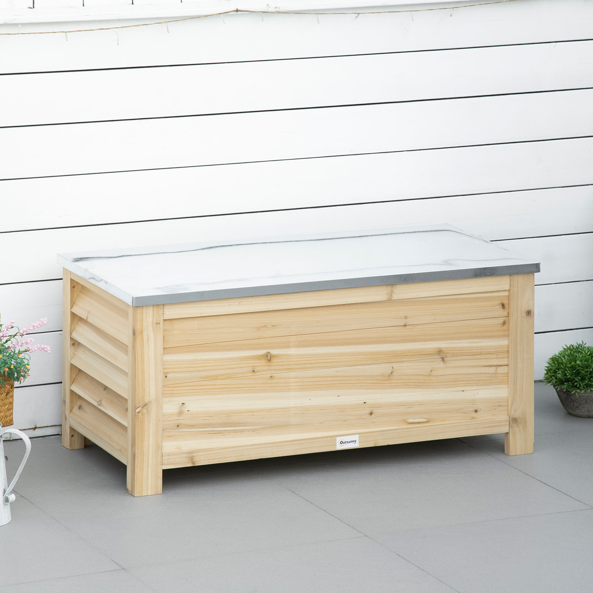 Outdoor Garden Chest 155L Storage Trunk with Galvanized Metal Lid and Slatted Design for Garden Terrace Balcony 110x50x50 cm Natural Wood