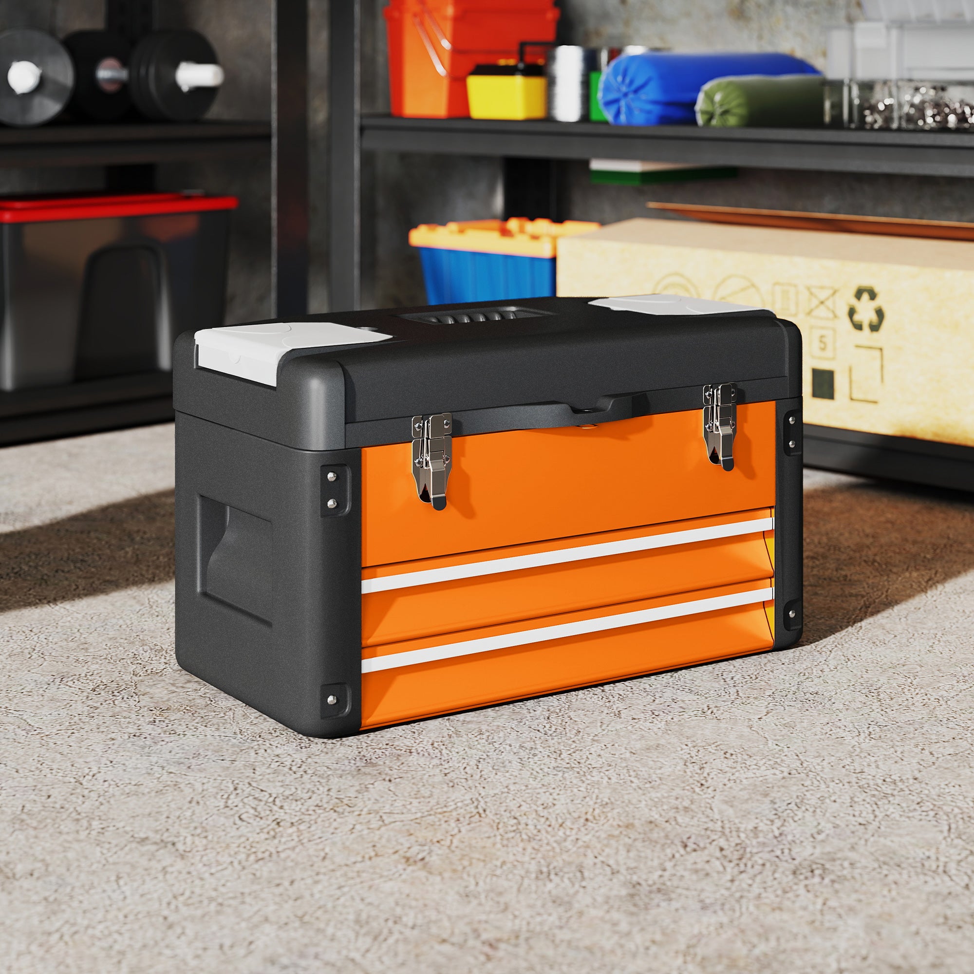 Empty Tool Box, 49.7 x 25.3 x 28.9 cm Toolbox with Drawer, Mini Box, Upper Compartment, Handle, Steel Tool Case, Orange