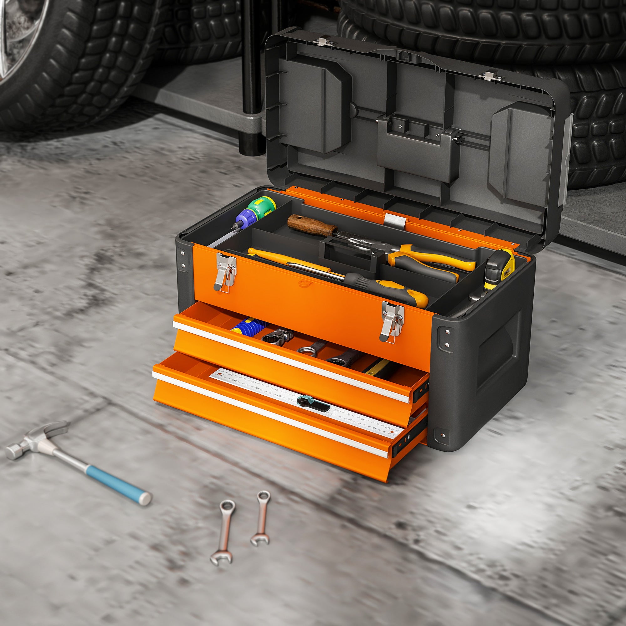 Empty Tool Box, 49.7 x 25.3 x 28.9 cm Toolbox with Drawer, Mini Box, Upper Compartment, Handle, Steel Tool Case, Orange