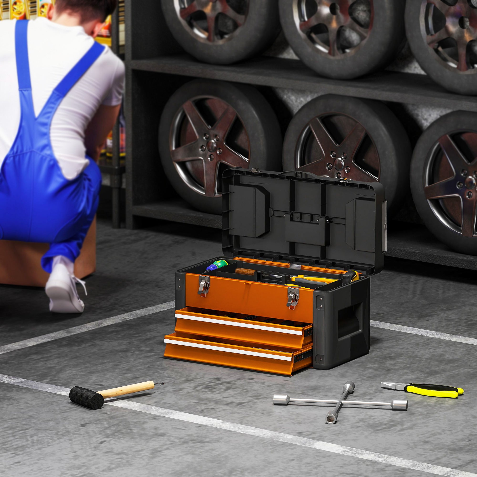 Empty Tool Box, 49.7 x 25.3 x 28.9 cm Toolbox with Drawer, Mini Box, Upper Compartment, Handle, Steel Tool Case, Orange