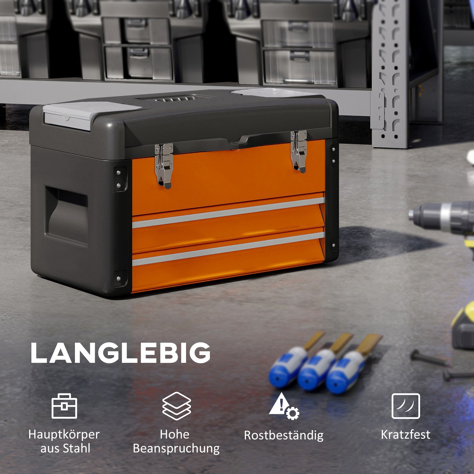 Empty Tool Box, 49.7 x 25.3 x 28.9 cm Toolbox with Drawer, Mini Box, Upper Compartment, Handle, Steel Tool Case, Orange