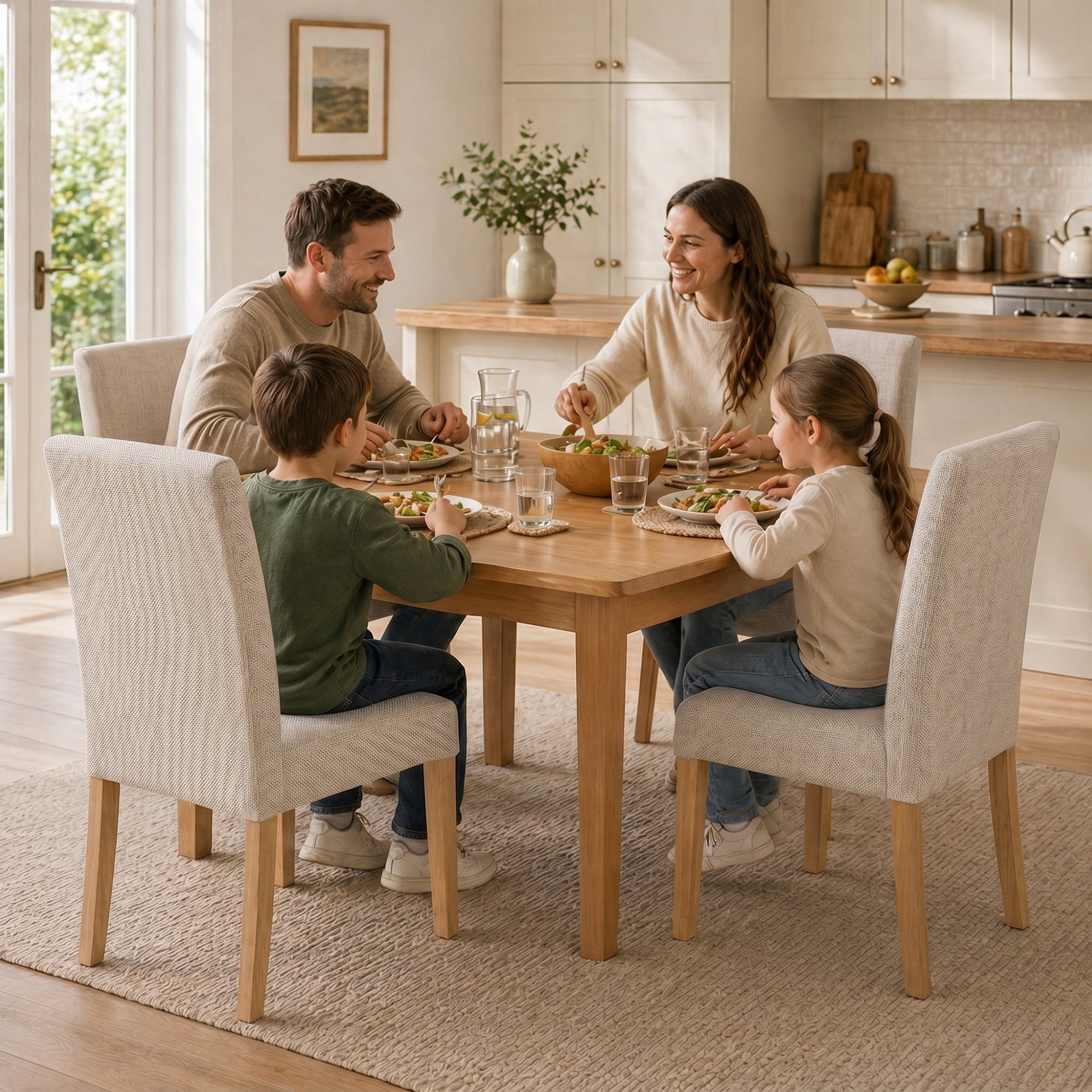 2-Pack Cream Upholstered Dining Chairs — Padded Seat & Back, Rubberwood Legs, Easy Assembly