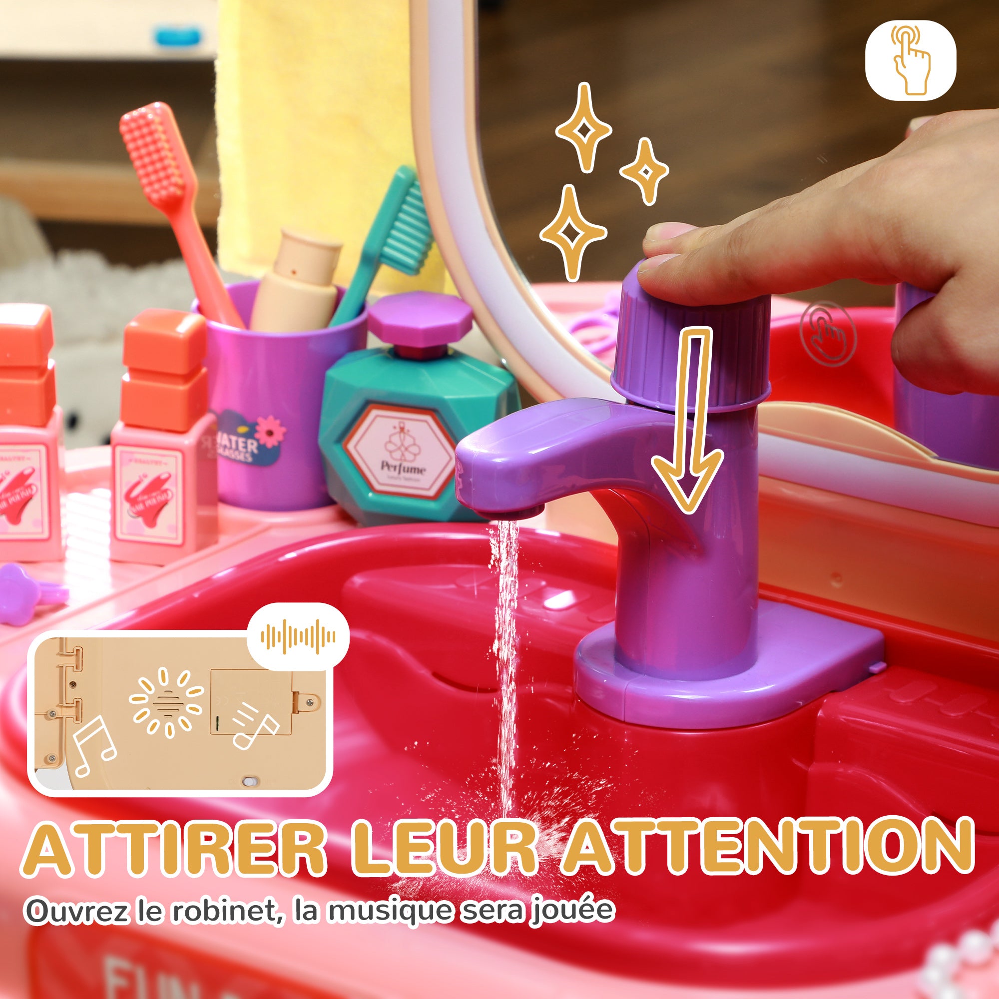 Kids Vanity Set 23 PCS, Makeup Table with LED Mirror, Light, and Music, for Kids 3-6 Years Old, Pink