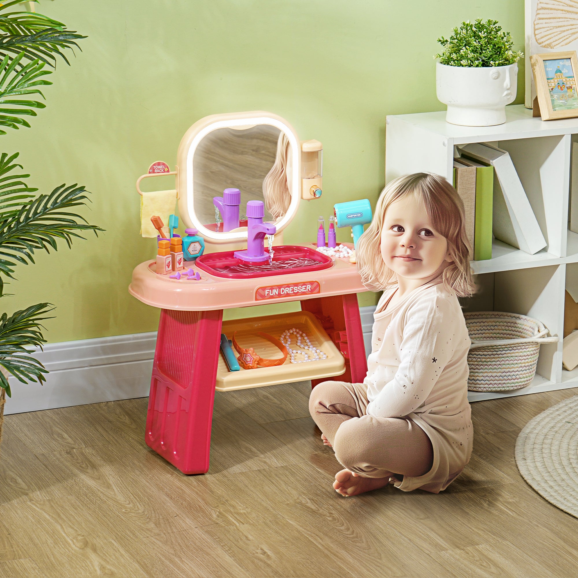 Kids Vanity Set 23 PCS, Makeup Table with LED Mirror, Light, and Music, for Kids 3-6 Years Old, Pink