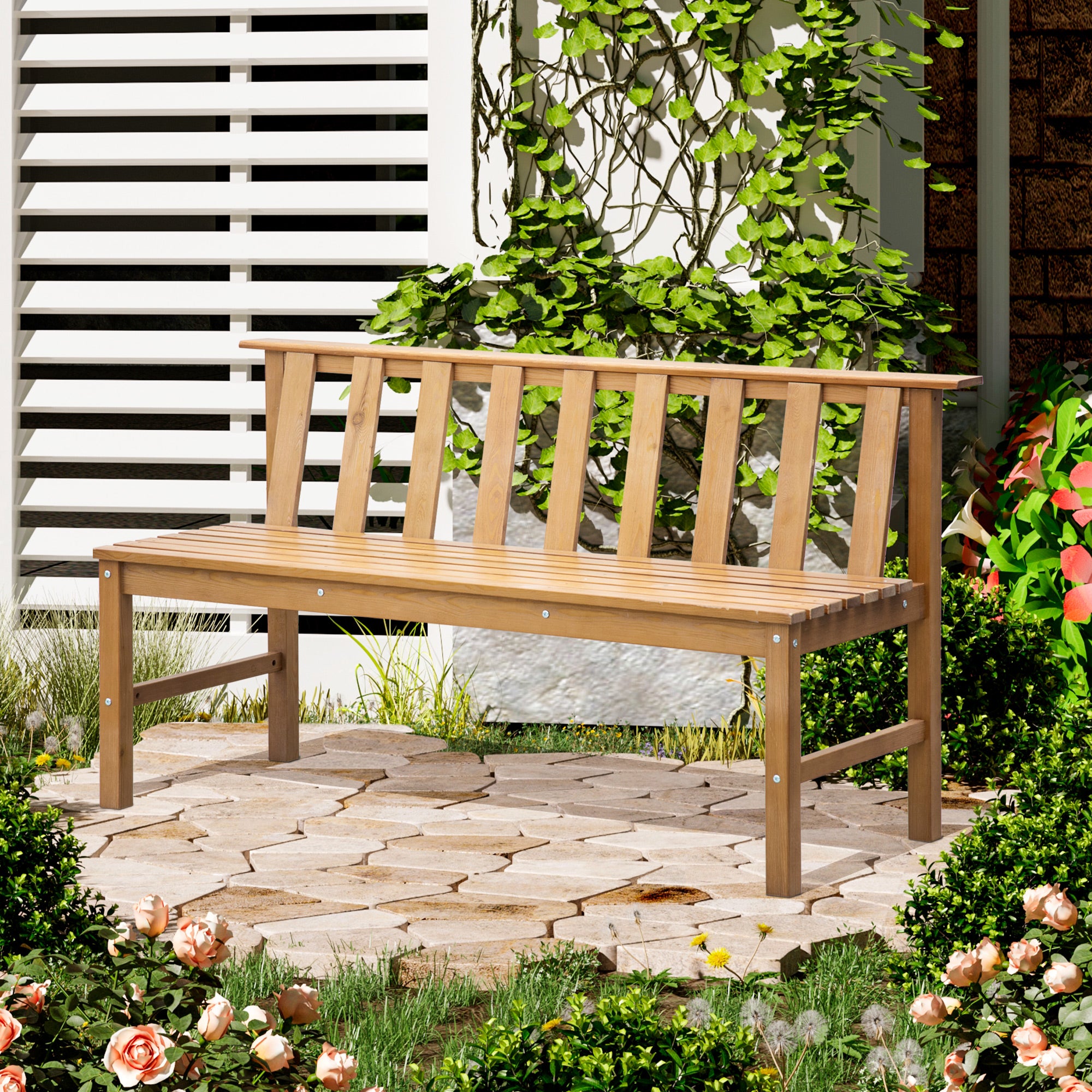 3-Seater Garden Bench Outdoor Wood Bench with Slatted Backrest for Patio Balcony Terrace Load 360 kg 144x60x77 cm Natural