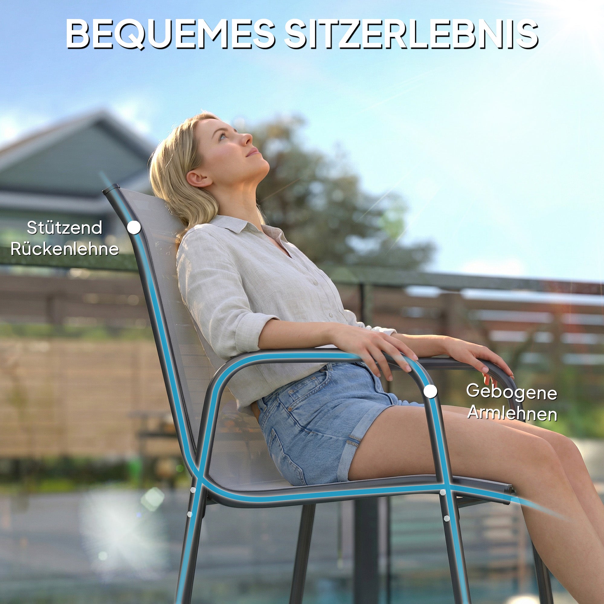 Garden Chairs 4-Piece Set — Stackable Patio Chairs with Breathable Backrest, Armrests, Weather-Resistant, 265 lb Capacity, Stackable for Garden/Balcony/Terrace — 20.1 x 27.2 x 34.3 in — Light Gray