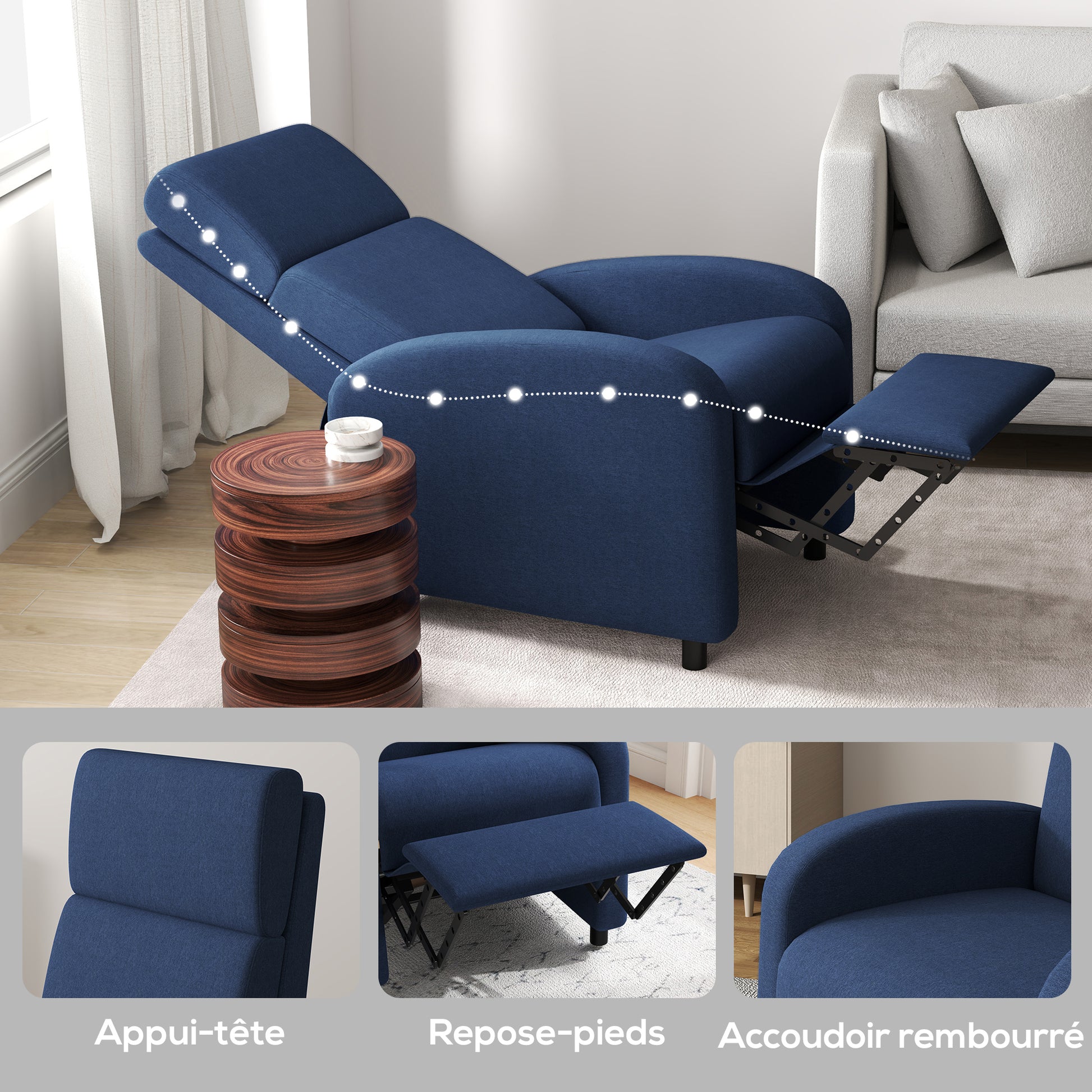 Reclining chair relaxation chair with manually adjustable backrest up to 160°, integrated footrest for living room bedroom office home theater, load 120 kg, blue