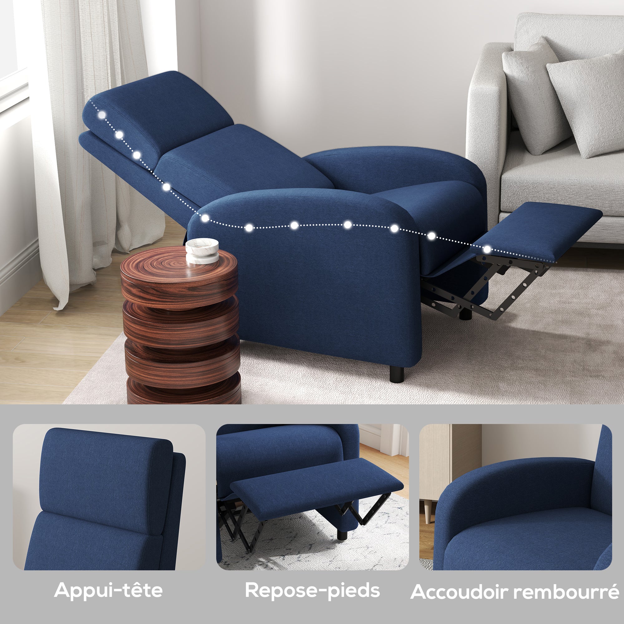 Reclining chair relaxation chair with manually adjustable backrest up to 160°, integrated footrest for living room bedroom office home theater, load 120 kg, blue