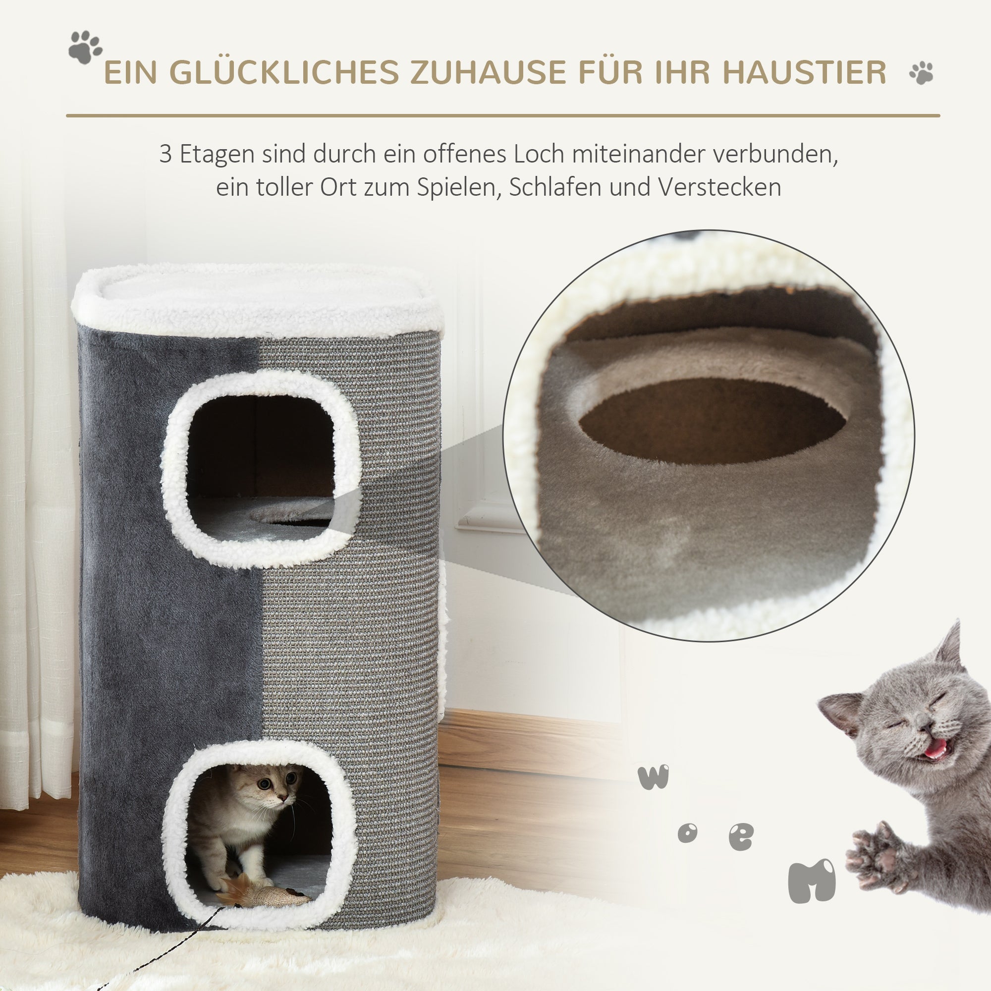 Scratching Barrel 74 cm High three-story cat barrel with cushion, plush edge, cat cave, scratching tree for small cats, Gray+White