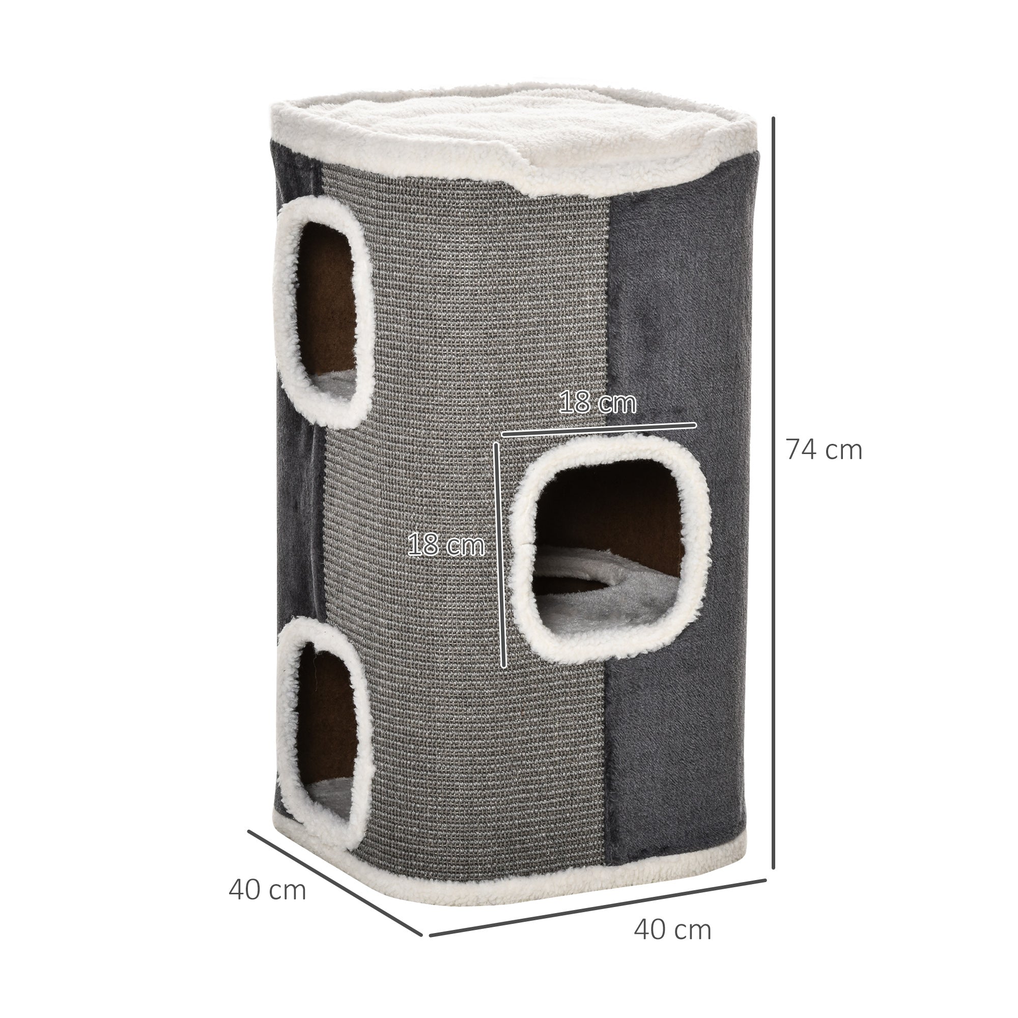 Scratching Barrel 74 cm High three-story cat barrel with cushion, plush edge, cat cave, scratching tree for small cats, Gray+White