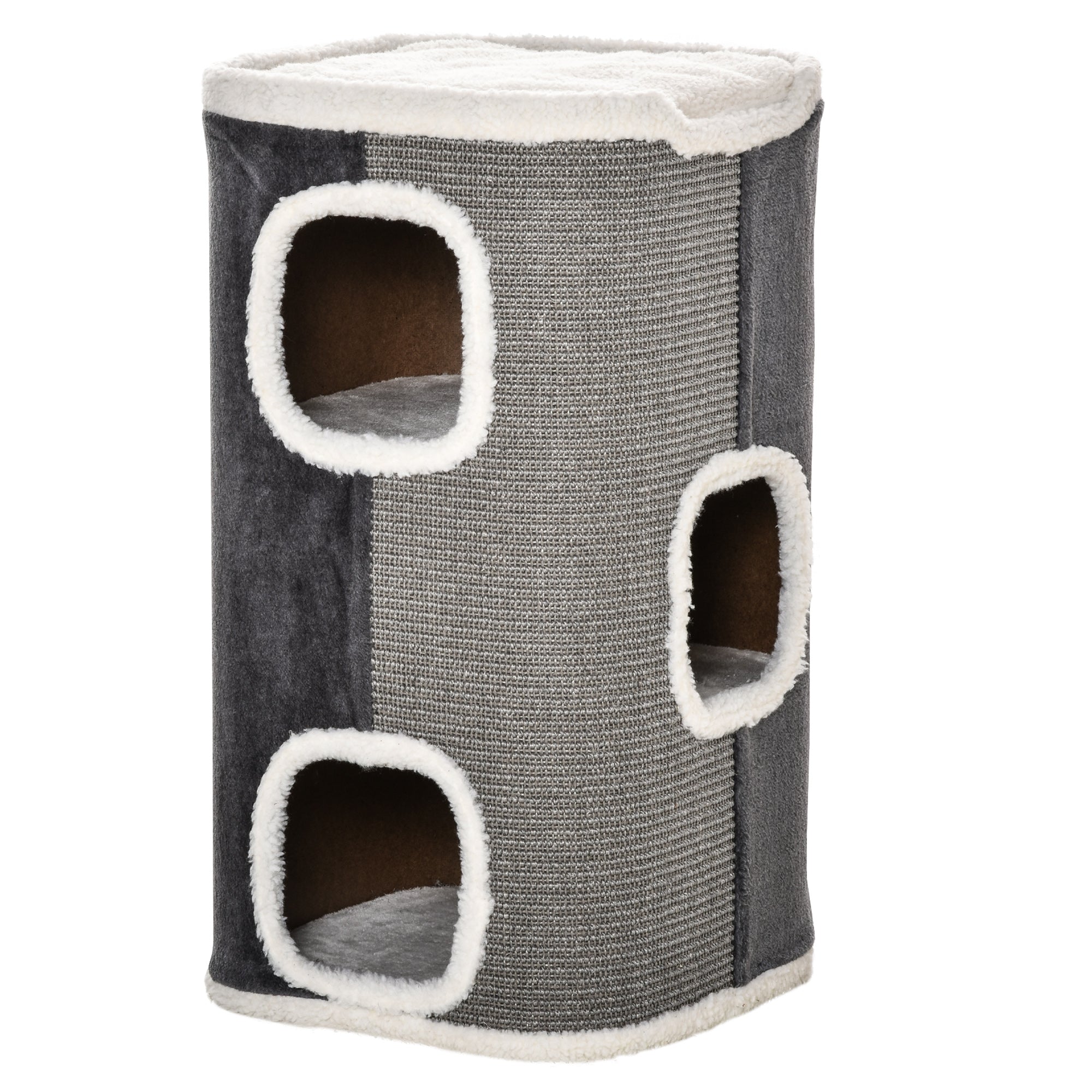 Scratching Barrel 74 cm High three-story cat barrel with cushion, plush edge, cat cave, scratching tree for small cats, Gray+White