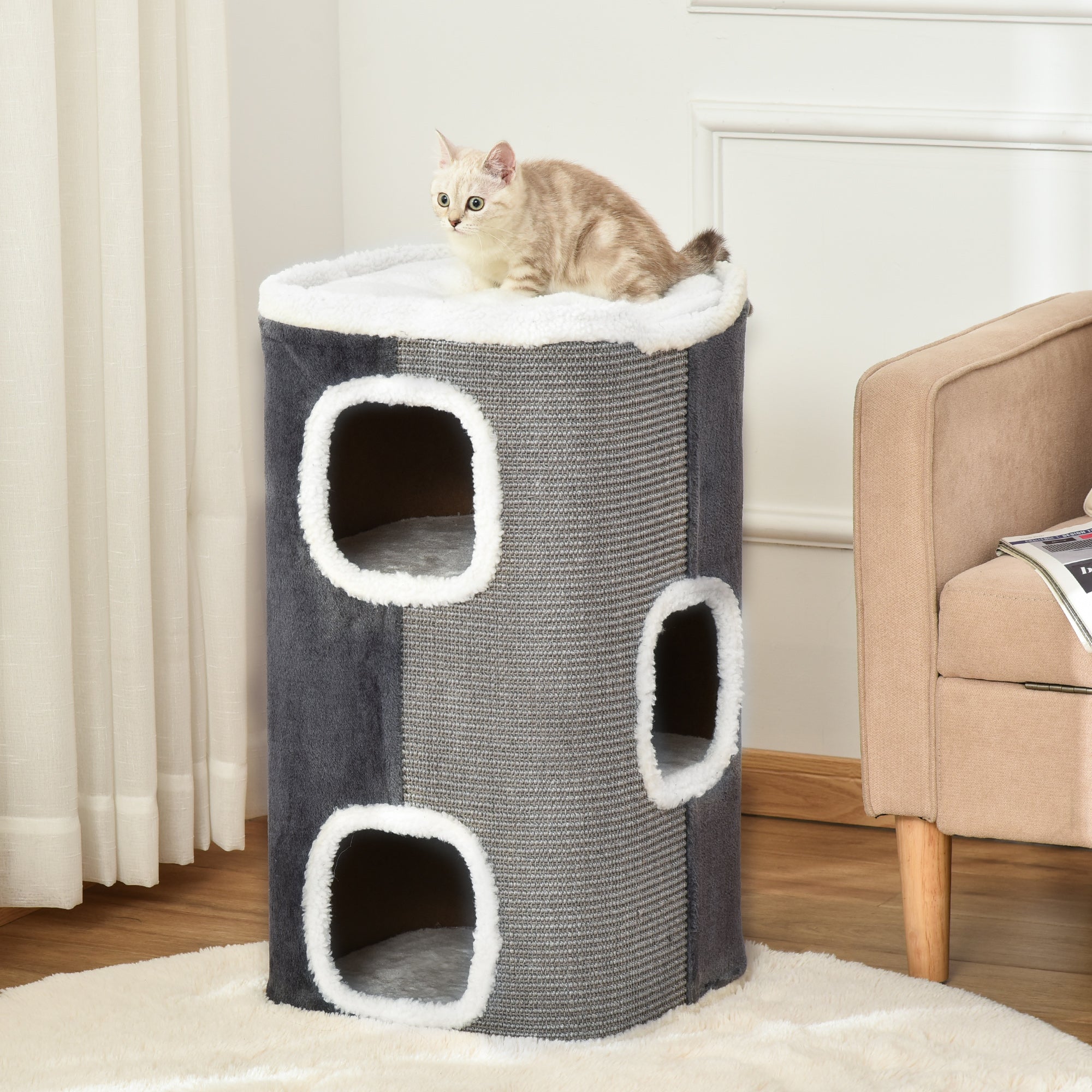 Scratching Barrel 74 cm High three-story cat barrel with cushion, plush edge, cat cave, scratching tree for small cats, Gray+White