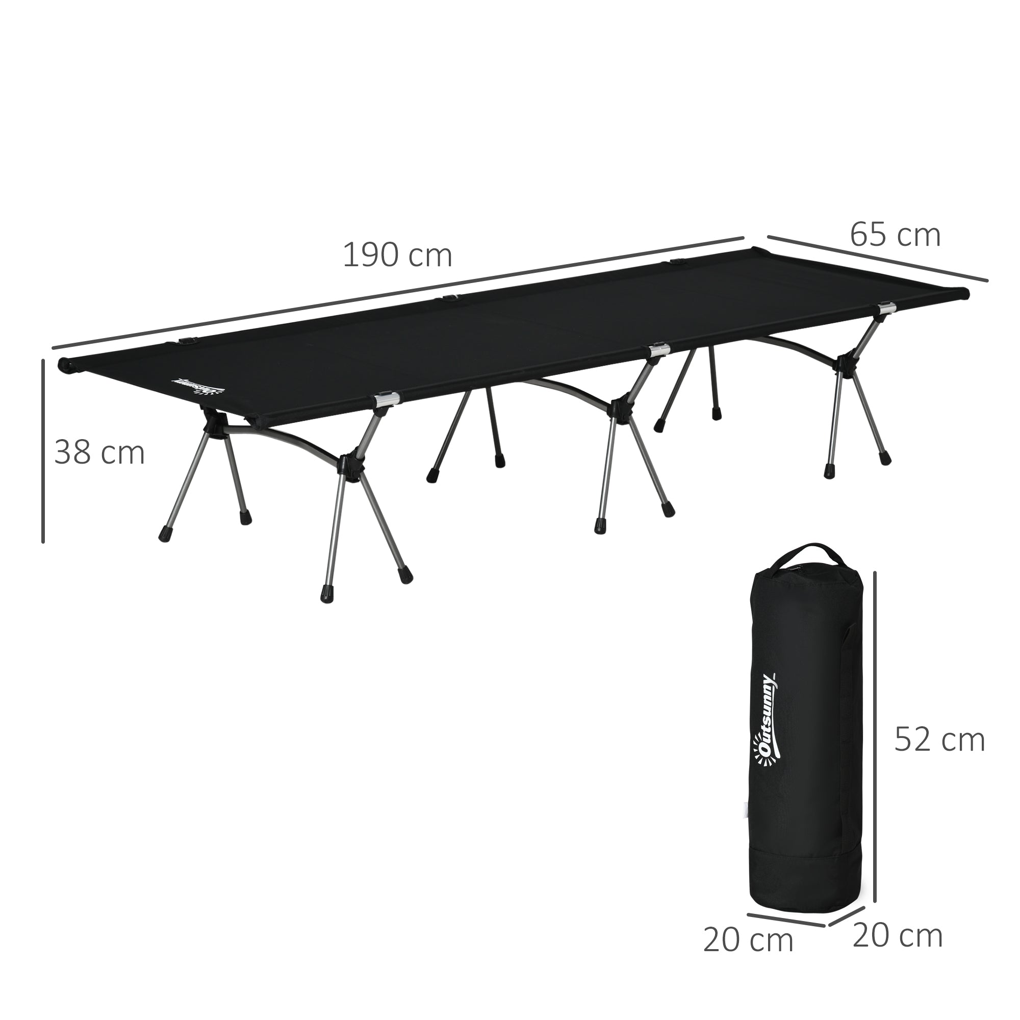 Camping Bed Foldable Aluminum Cot Portable Bed with Carry Bag Adjustable Height up to 150 kg Load Capacity Oxford Black 190 x 65 x 38 cm