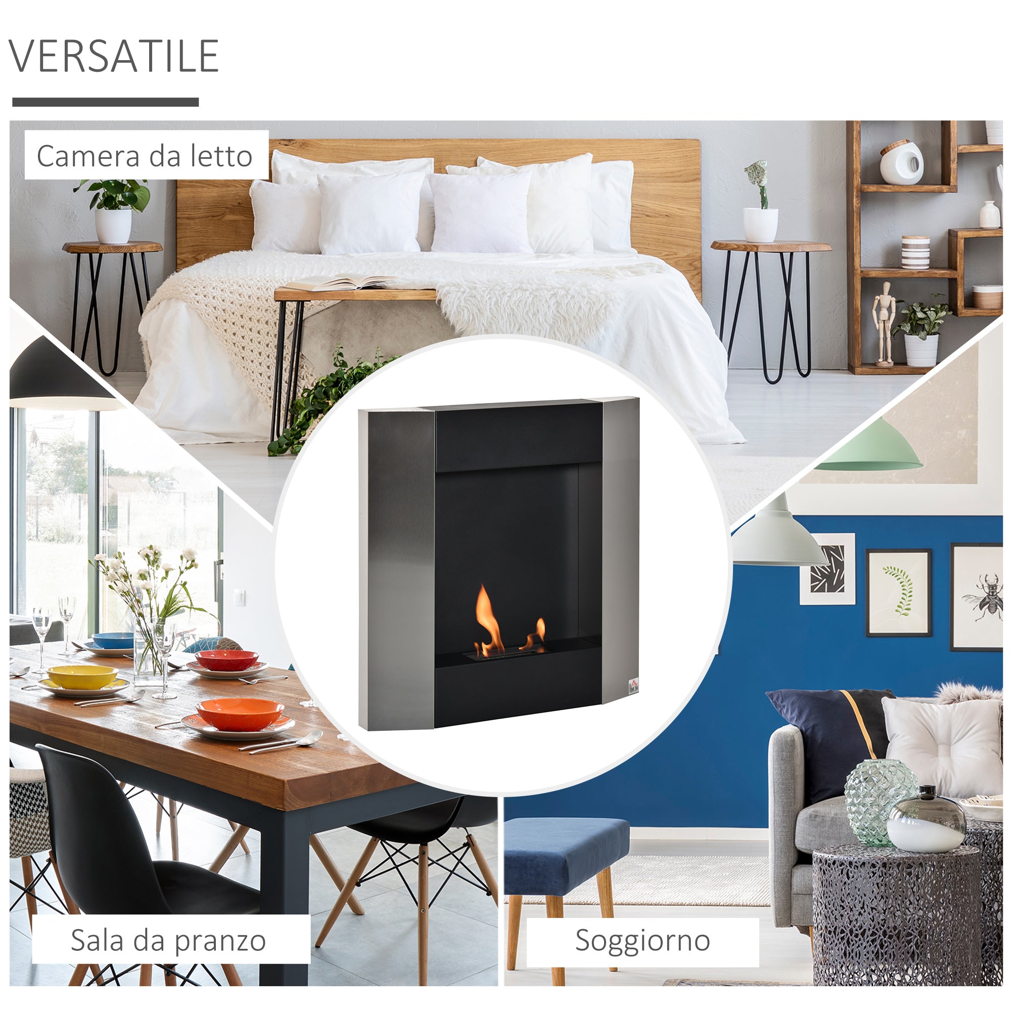 Wall-Mounted Bioethanol Fireplace with 0.7L Tank and Cover 20m², Steel, 72x11x72cm, Silver and Black