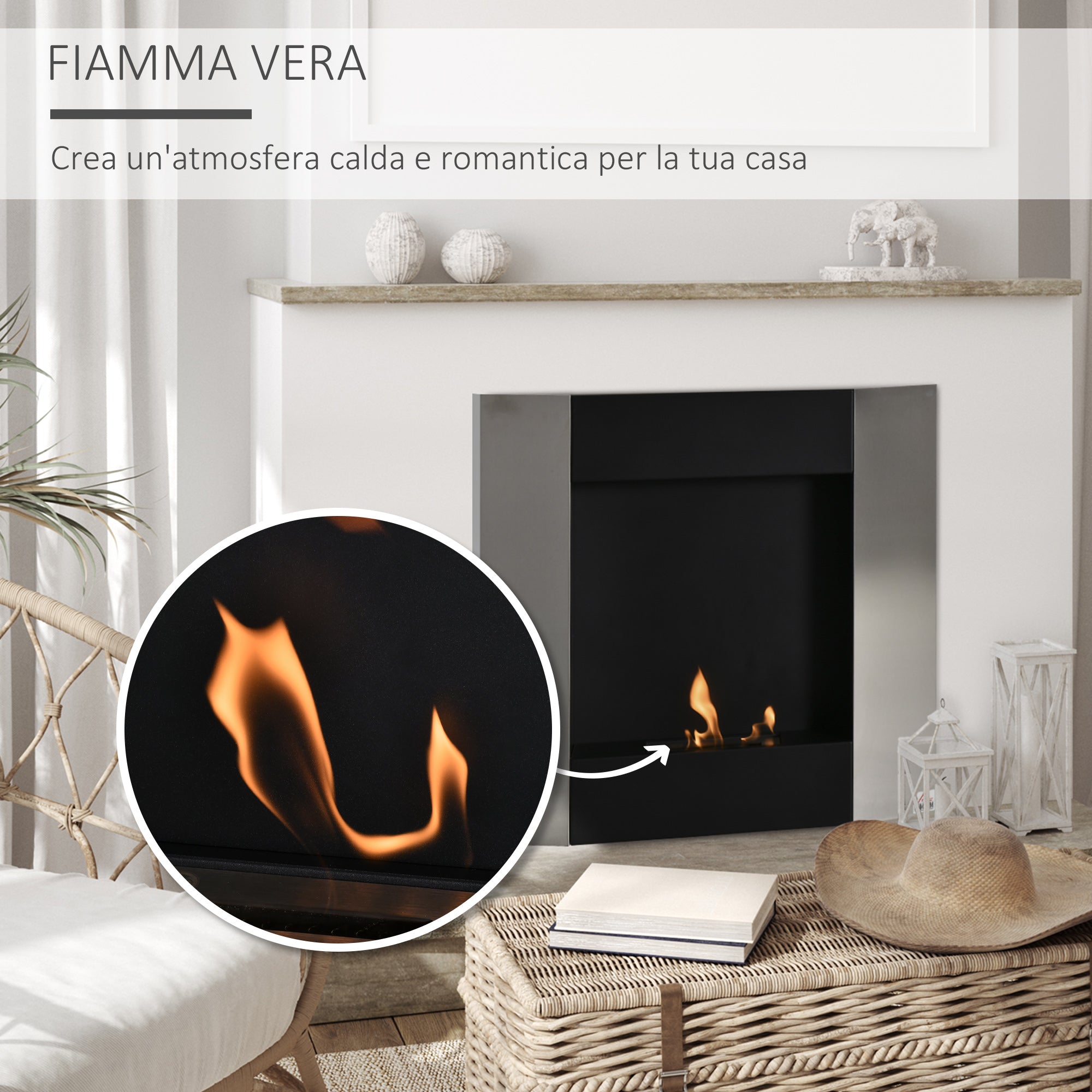 Wall-Mounted Bioethanol Fireplace with 0.7L Tank and Cover 20m², Steel, 72x11x72cm, Silver and Black