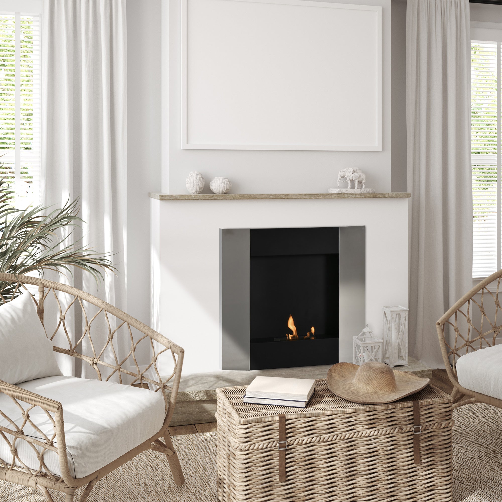 Wall-Mounted Bioethanol Fireplace with 0.7L Tank and Cover 20m², Steel, 72x11x72cm, Silver and Black