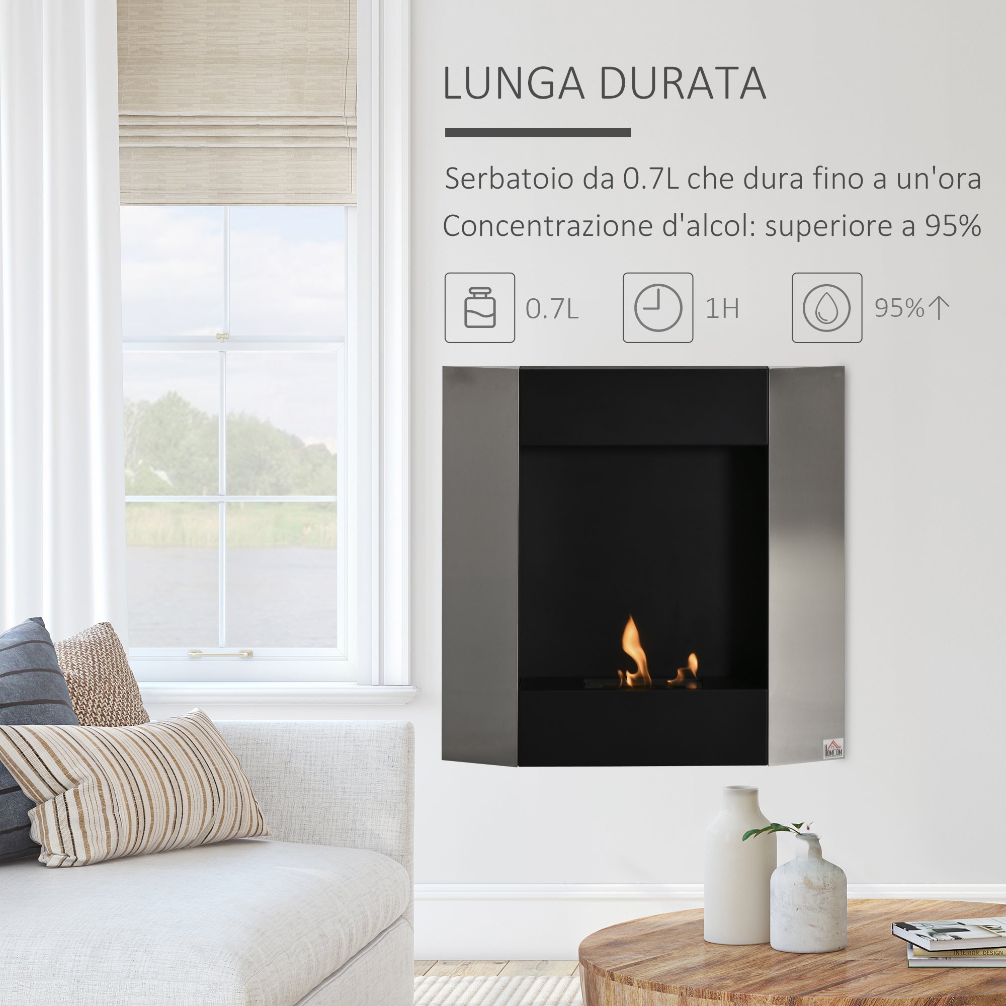 Wall-Mounted Bioethanol Fireplace with 0.7L Tank and Cover 20m², Steel, 72x11x72cm, Silver and Black