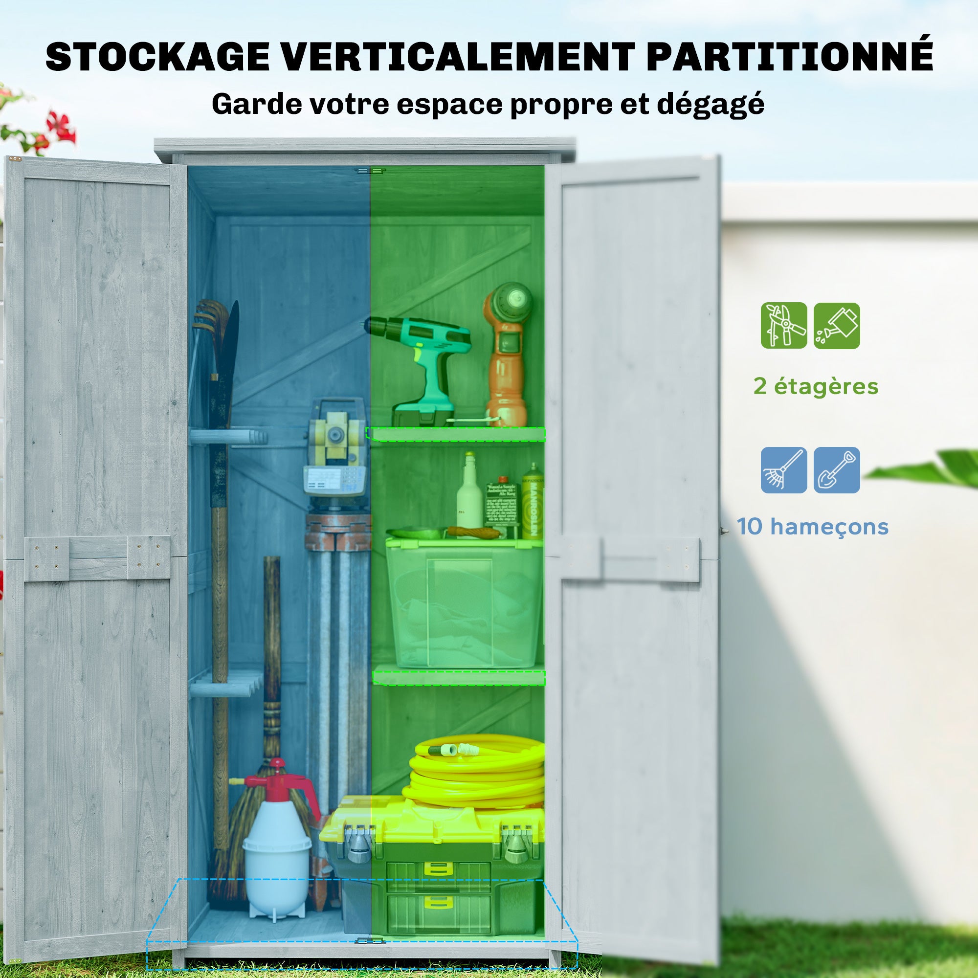 Pine Wood Outdoor Storage Cabinet with 2 Lockable Doors, 2 Shelves & 10 Hooks, Waterproof Asphalt Roof, for Balcony & Patio, 33.5 x 21.3 x 67 in, Gray