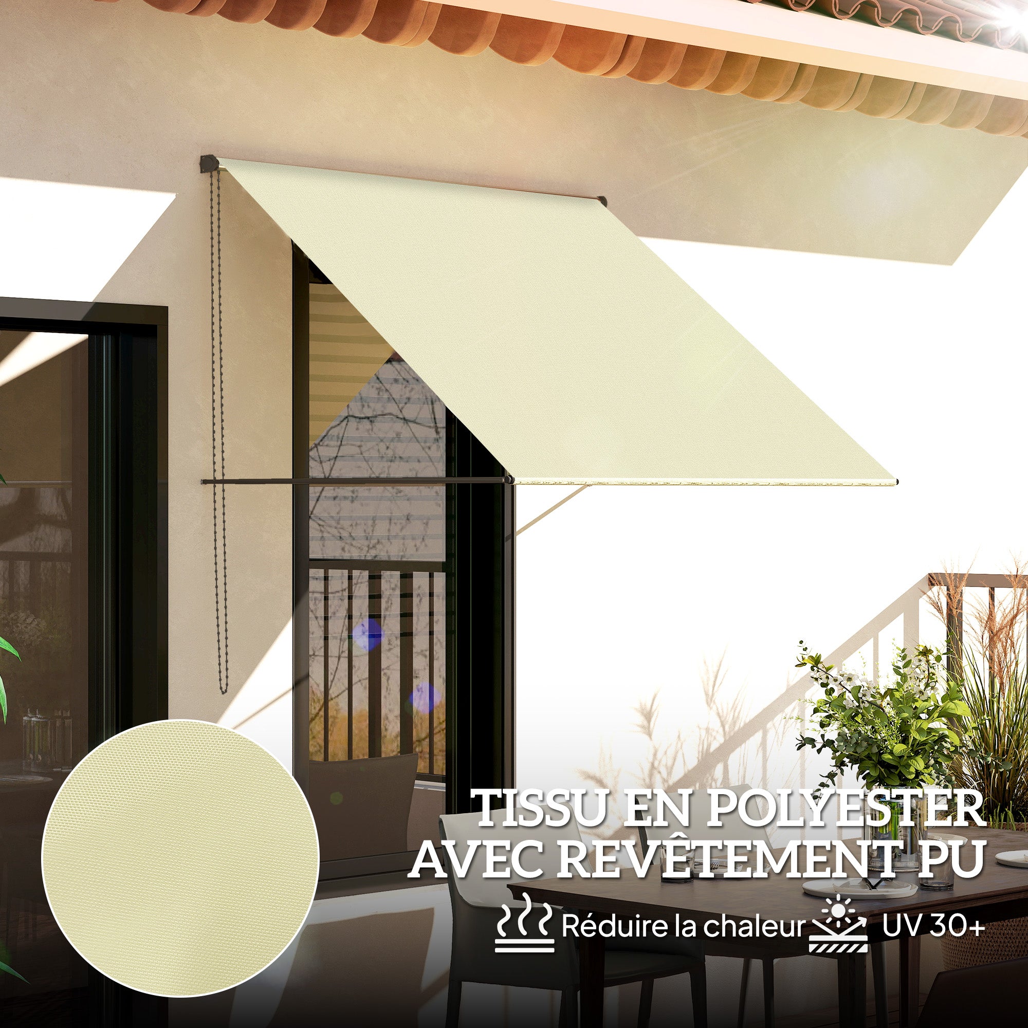 Manual Retractable Patio Awning, Adjustable Tilt, 150 x 116 cm (59 x 46 in), UV30+ Cream
