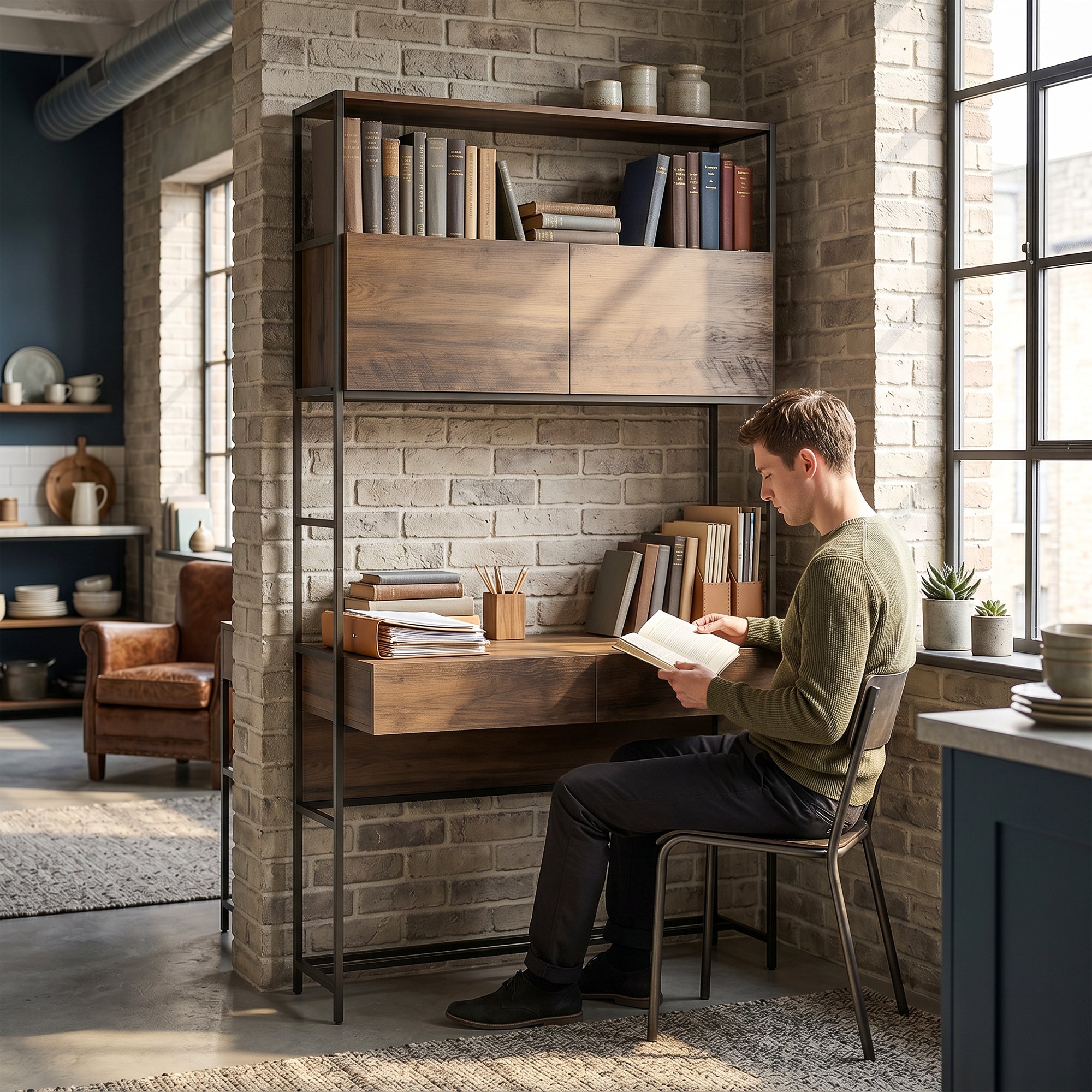 Computer Desk with 2 Drawers, 39.4 in W x 17.7 in D x 72.8 in H — Storage Cabinets & Open Shelves, Modern Small-Space Home Office Desk, Brown Wood