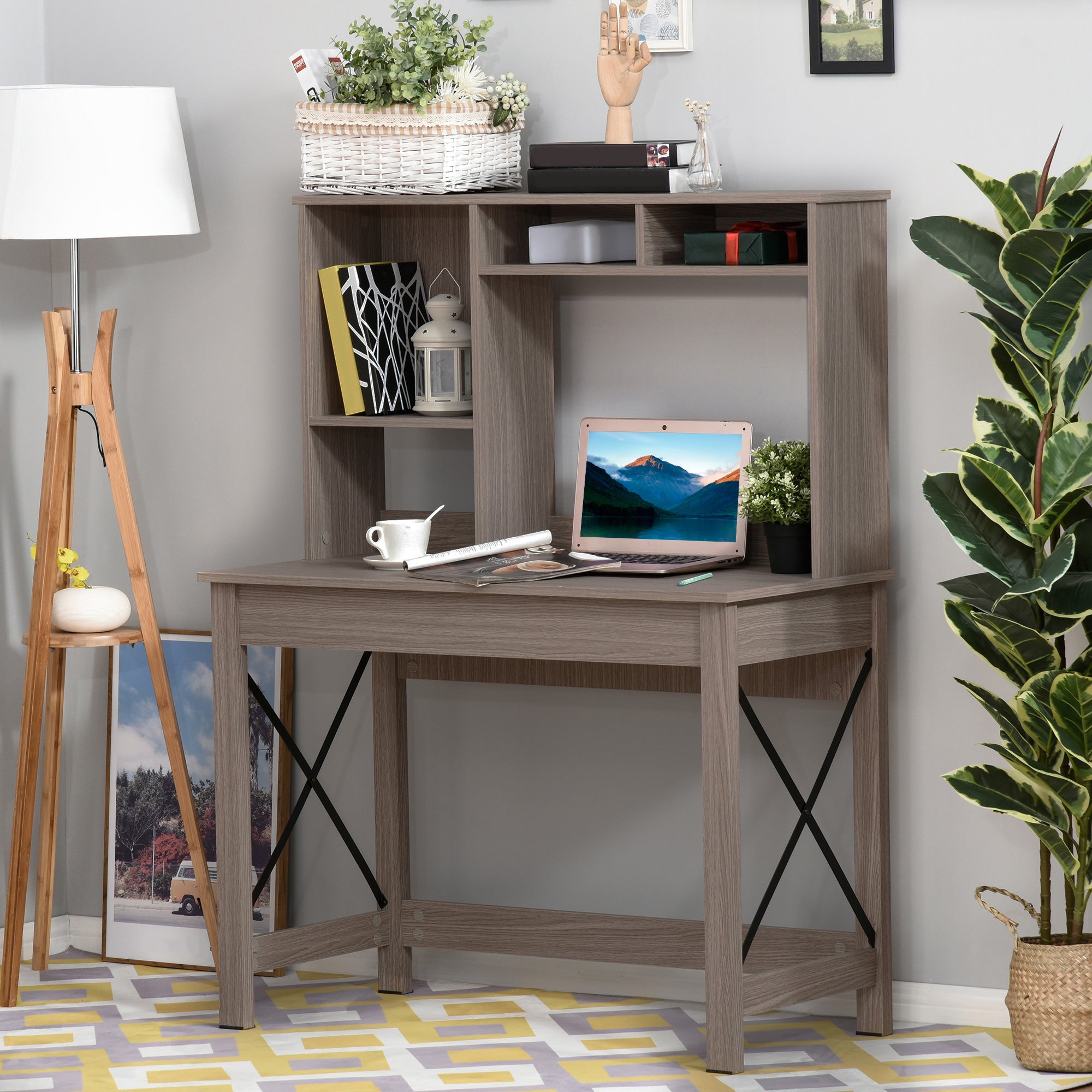 Desk with Storage Bookshelf Modern Wooden Desk with Shelves and Large Surface for Small Spaces Home Office Bedroom, 105 x 50 x 137.5 cm, Light Brown