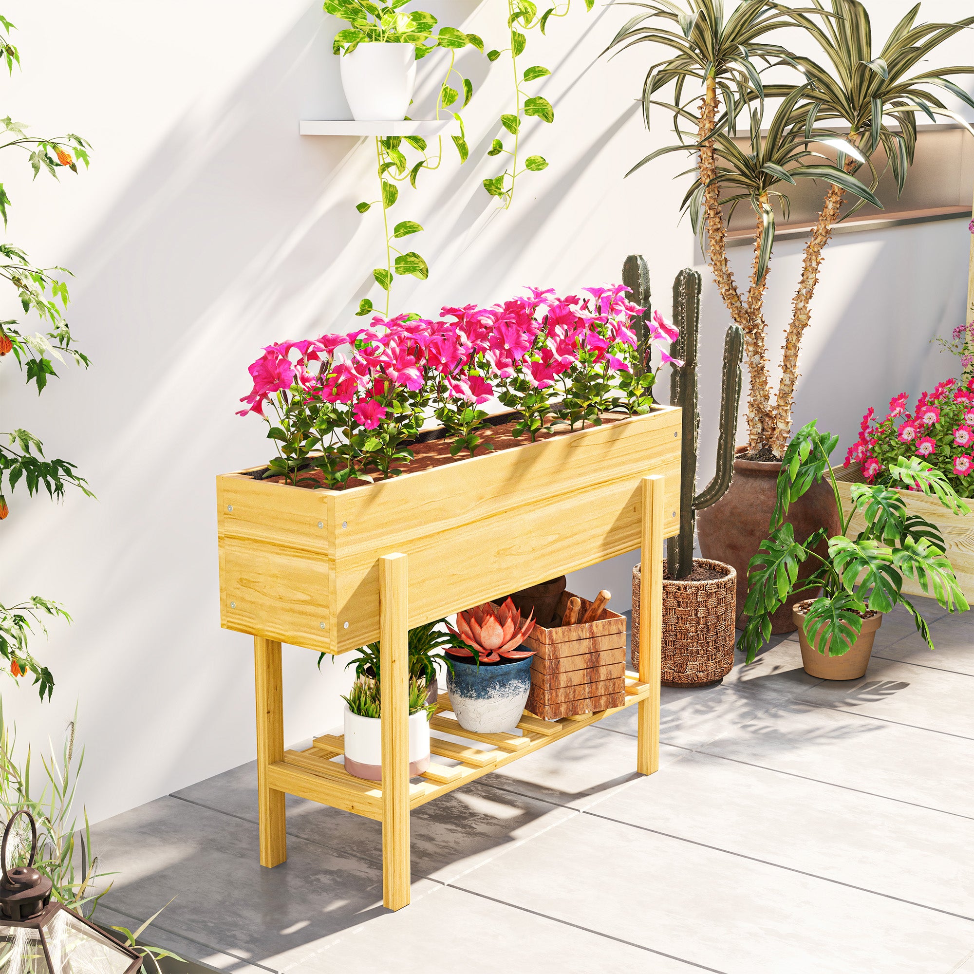 Raised Bed with Shelf, Elevated Herb Planter with Drainage Holes, Wooden Plant Box, Weather-resistant Vegetable Bed, Garden Bed, Planting Bed for Garden, Balcony, 100 x 30 x 70.5 cm Natural Wood