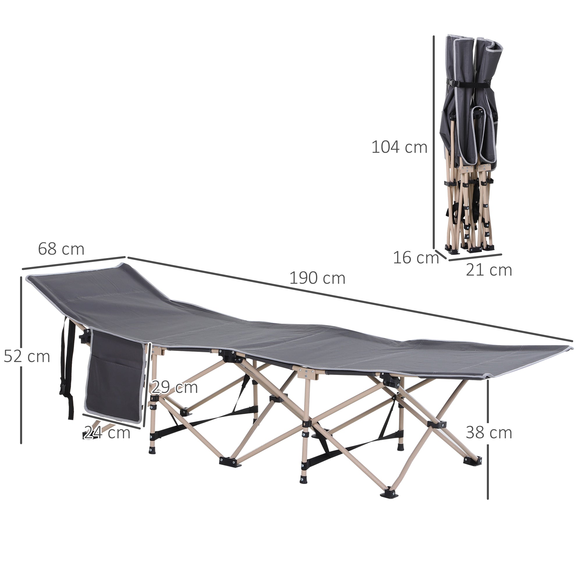 Folding Camp Bed with Carry Bag 190 x 68 x 52 cm Camping Bed up to 150 kg Guest Bed for Adults Foldable Bed for Indoor, Outdoor, Garden Camping Travel Gray