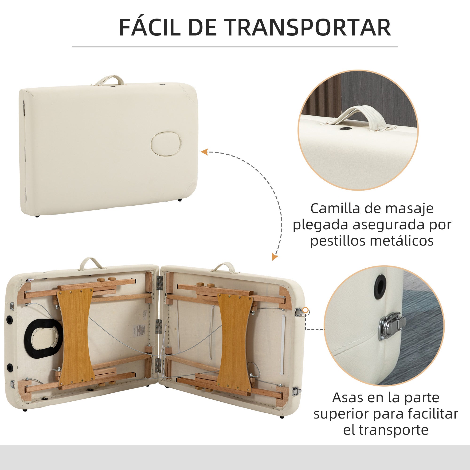 Folding Massage Table 210x81 cm Professional Beauty Table with Removable Headrest 2 Zones Wooden Frame with Adjustable Height and Carry Bag Cream