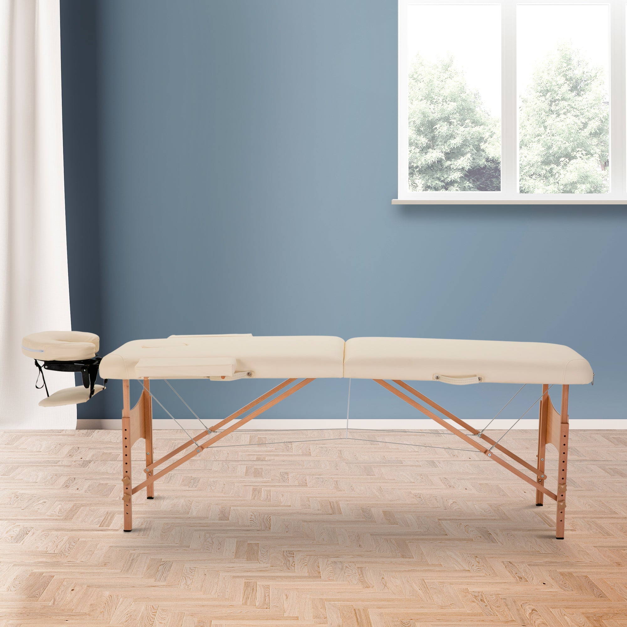 Folding Massage Table 210x81 cm Professional Beauty Table with Removable Headrest 2 Zones Wooden Frame with Adjustable Height and Carry Bag Cream